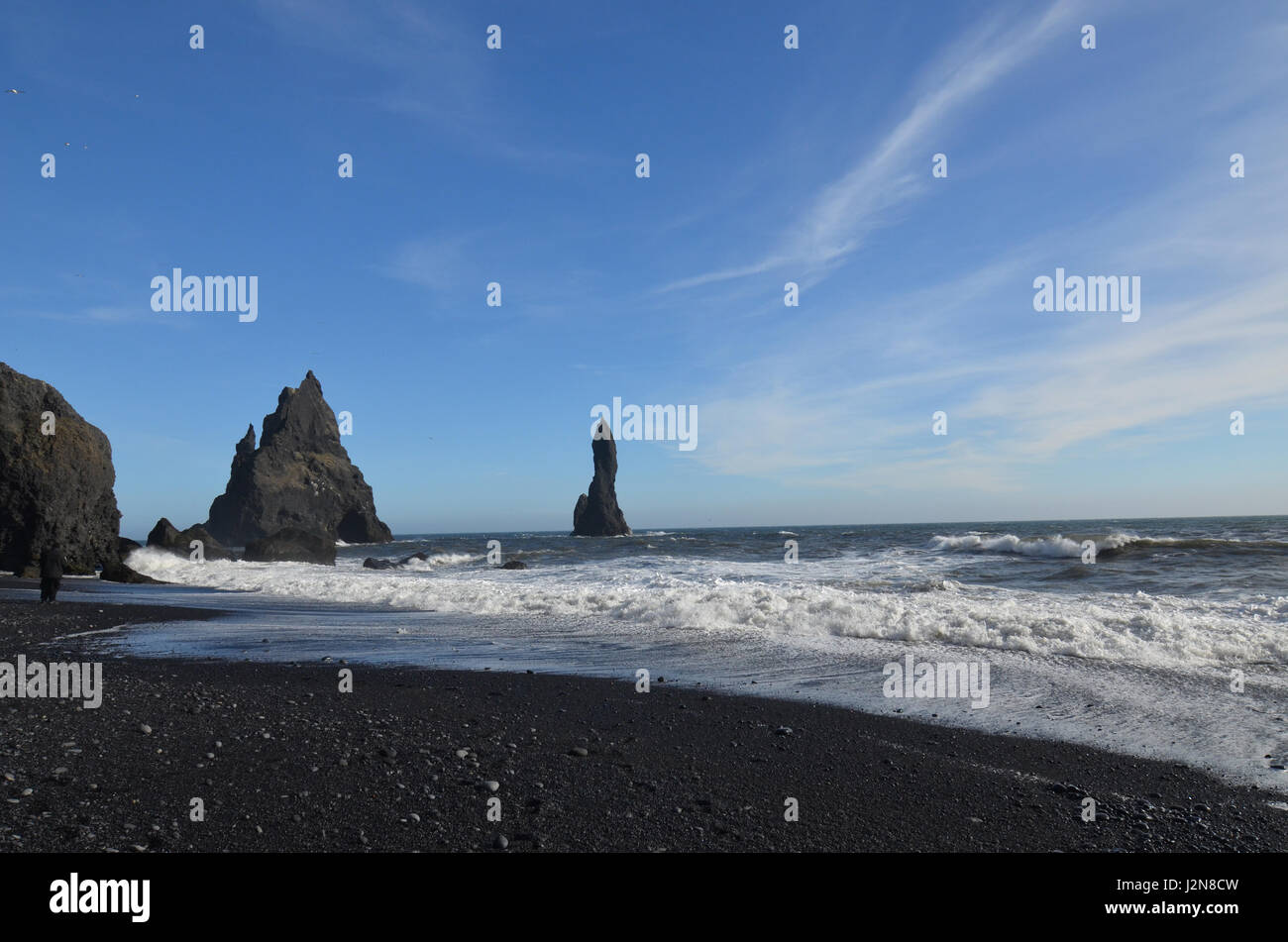 Basalt column sea stacks known as Reynisdrangar sea stacks in Vik ...