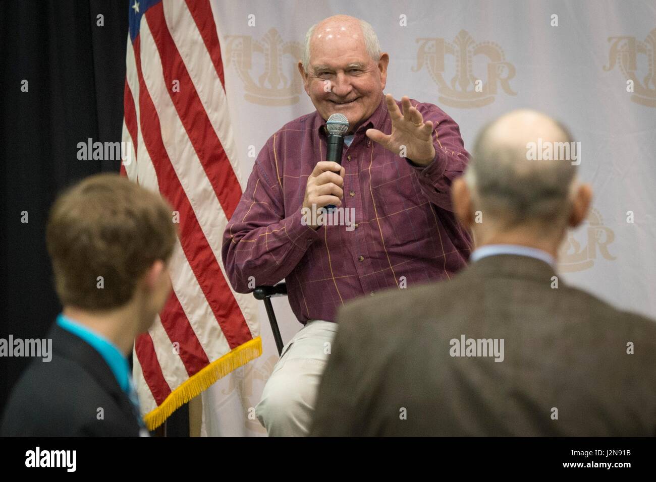 U.S. Agriculture Secretary Sonny Perdue answers questions during a town