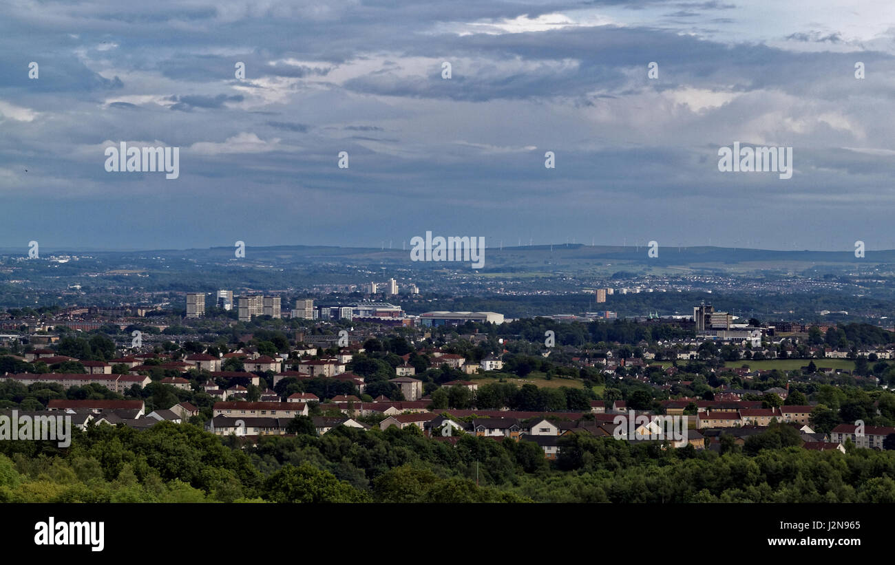 Cathkin Braes Country Park panorama of Castlemilk and Glasgow in the background Stock Photo