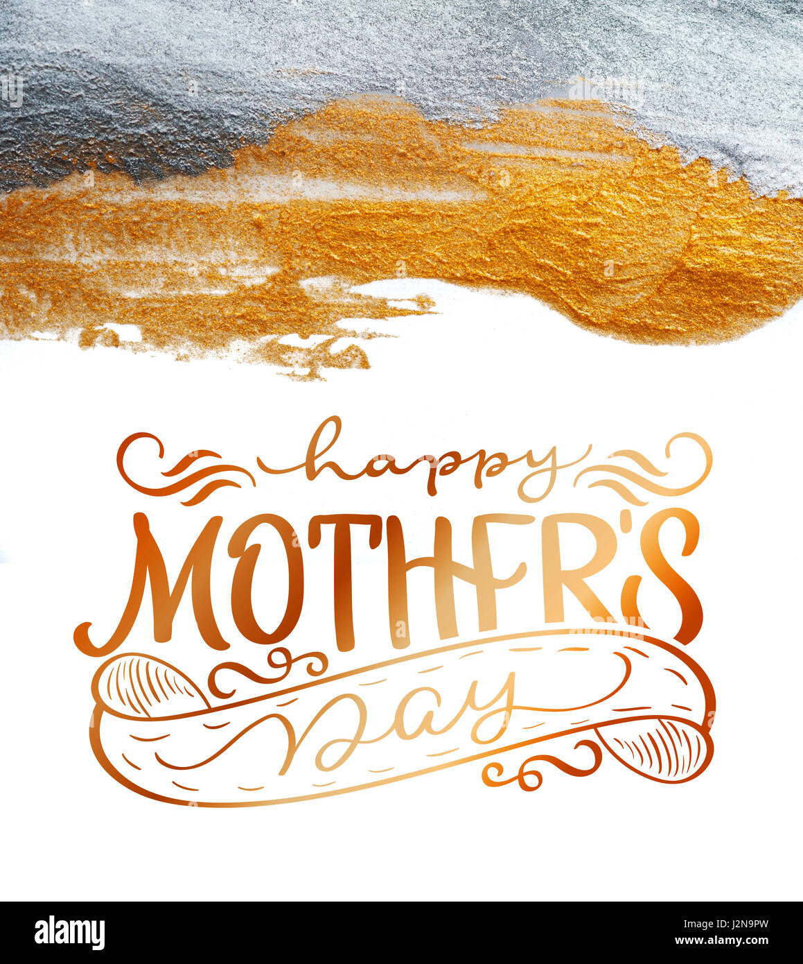 Abstract golden and silver background with a brush of acrylic paint on paper and text Happy mothers day. Calligraphy lettering hand draw Stock Photo