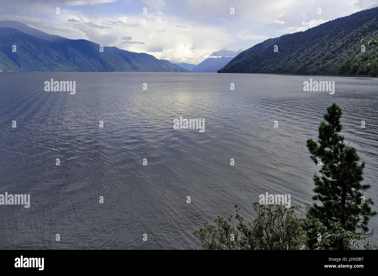 Teletskoye lake, view from the cape Kuvan to the southern part of the lake Stock Photo