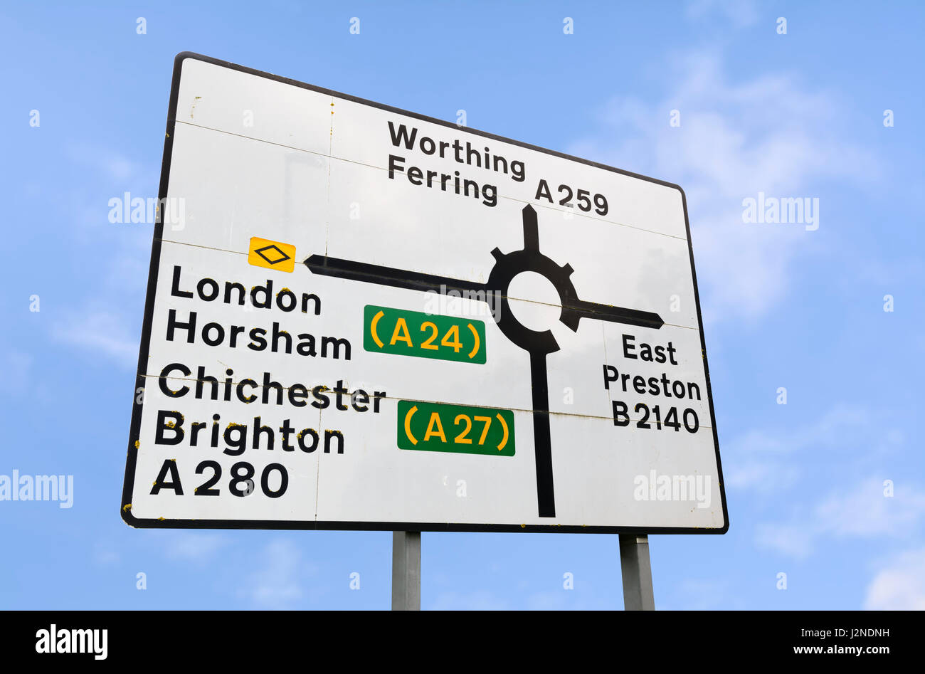 UK road direction sign showing routes to London and the South of England, in West Sussex, England, UK Stock Photo
