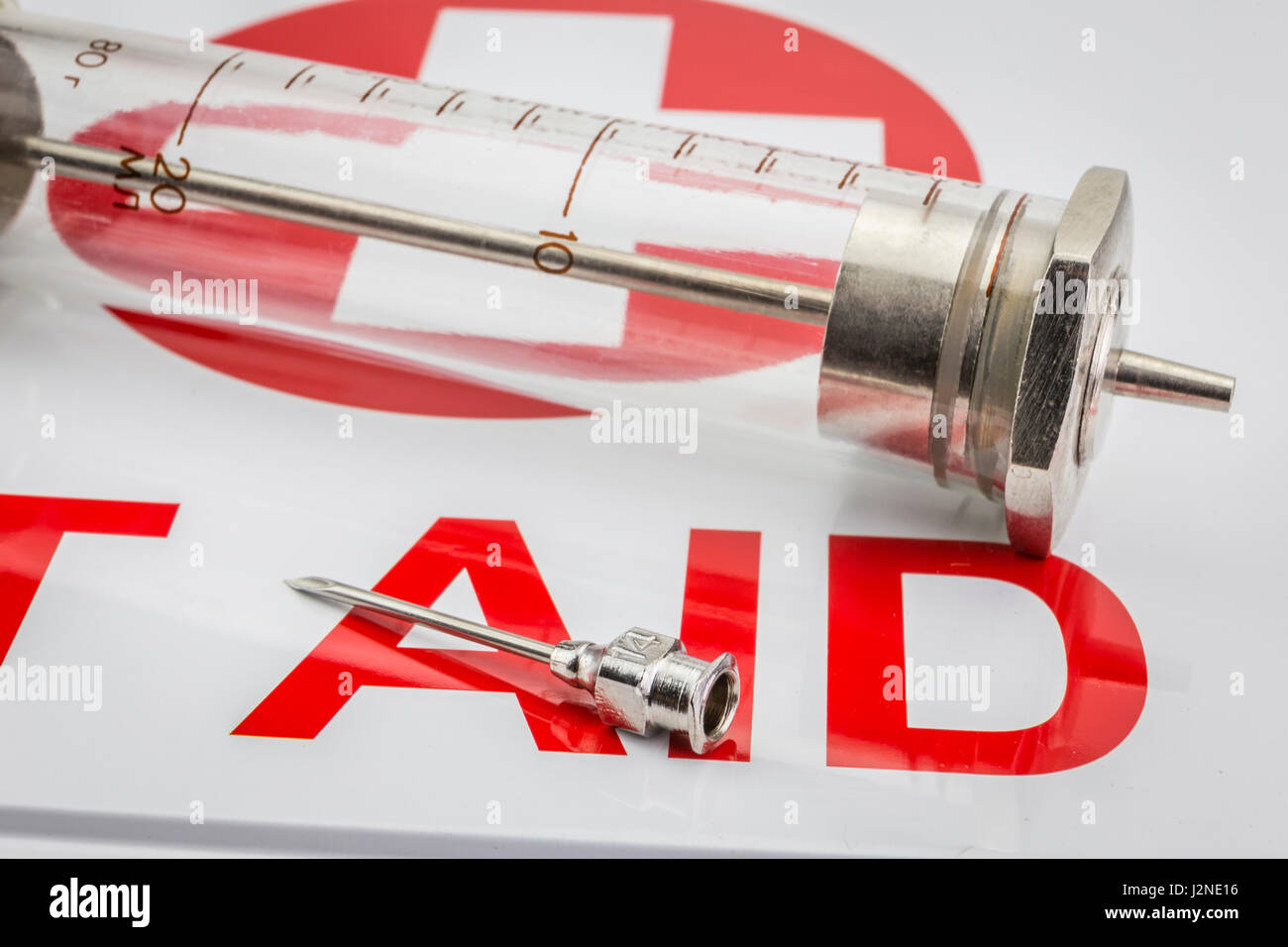 Special syringe and needle on a first aid kit, concept of sanitary