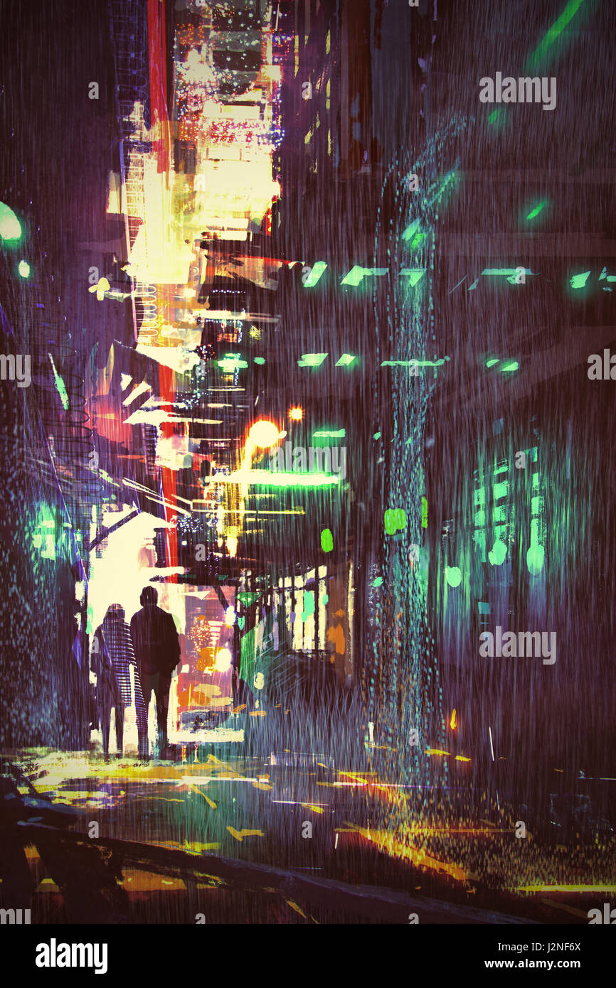 sci-fi concept of couple walking in alley at rainy night with digital art style, illustration painting Stock Photo