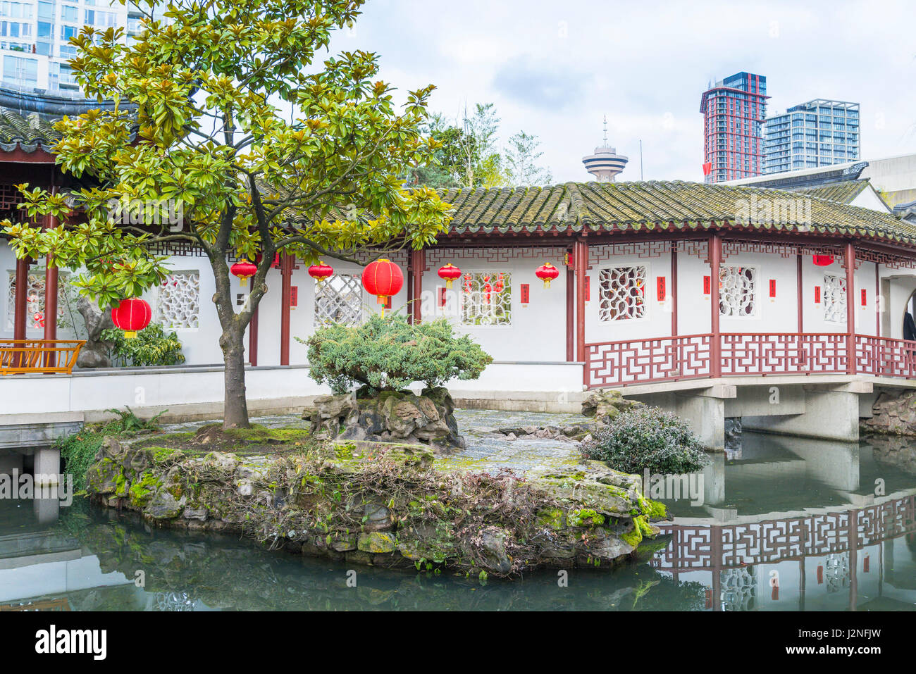 Pagoda and pond, Dr Sun Yat Sen Park and Gardens, Chinatown, Vancouver, British Columbia, Canada Stock Photo
