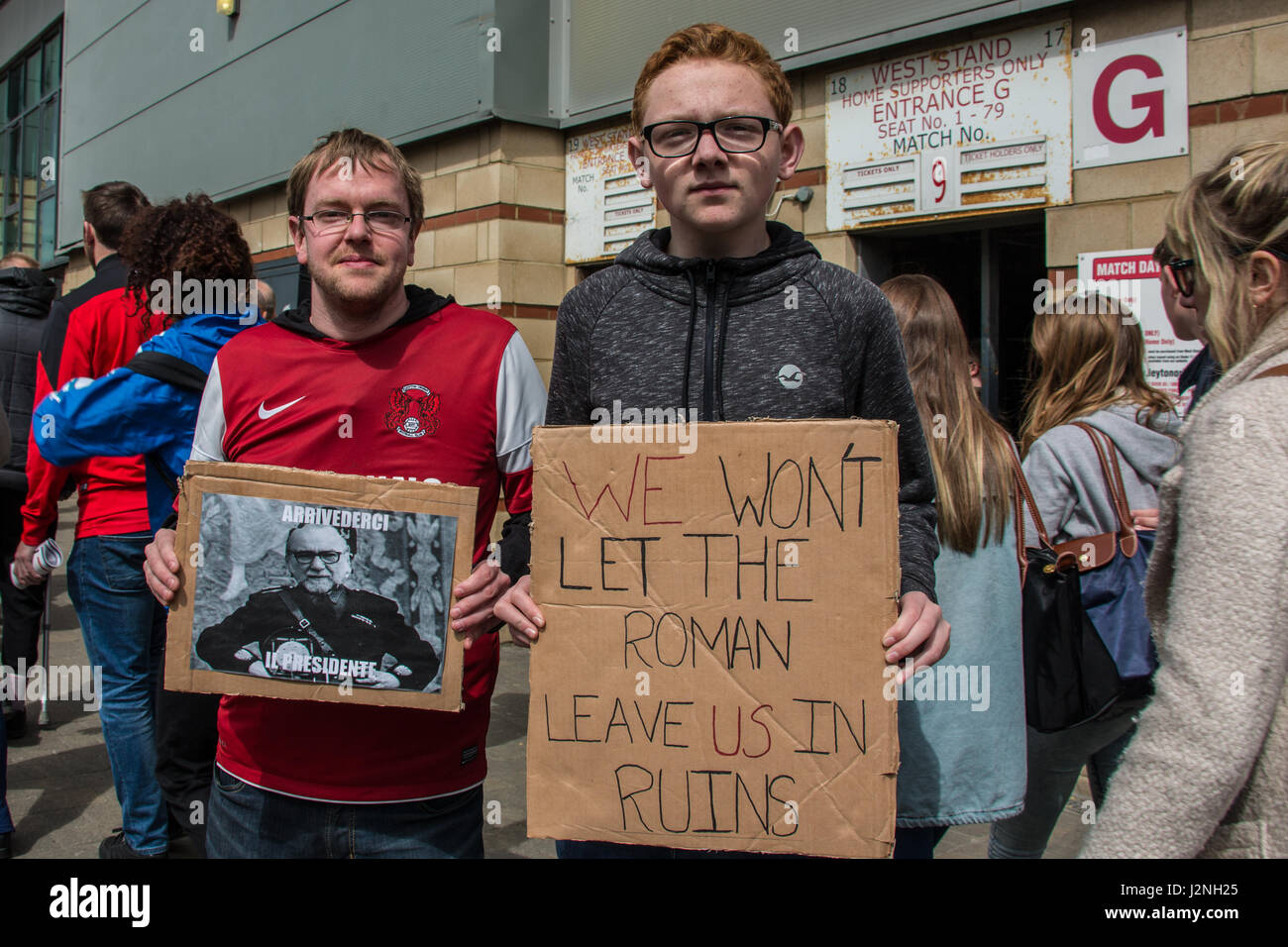 29 April, 2017. Two Orient fans ahead of the Colchester Game. The Leyton Orient Fans Trust held a protest at the matchroom stadium demanding that club owner, Francesco Becchetti leaves. The club has been relagated out of the football league and fans are now fighting for the clubs very existance with staff unpaid for several months. David Rowe/Alamy Live News Stock Photo