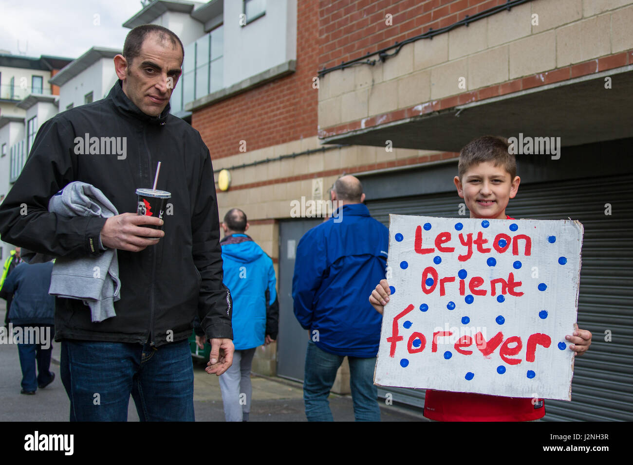 29 April, 2017. A young fan ahead of the game against Colchester. The Leyton Orient Fans Trust held a protest at the matchroom stadium demanding that club owner, Francesco Becchetti leaves. The club has been relagated out of the football league and fans are now fighting for the clubs very existance with staff unpaid for several months David Rowe/Alamy Live News. Stock Photo