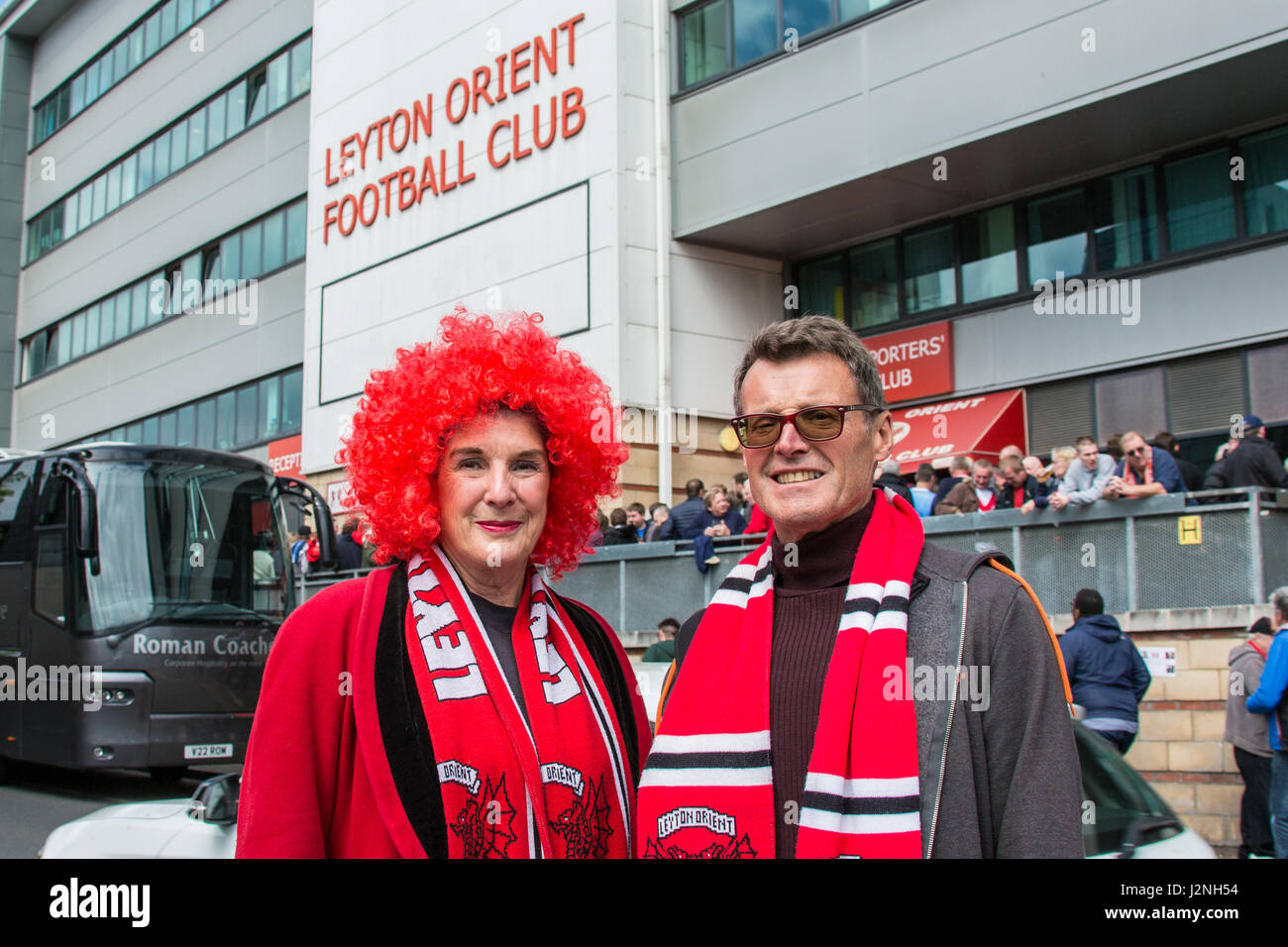 29 April, 2017. Fans outside the Orient ground. The Leyton Orient Fans Trust held a protest at the matchroom stadium demanding that club owner, Francesco Becchetti leaves. The club has been relagated out of the football league and fans are now fighting for the clubs very existance with staff unpaid for several months. David Rowe/Alamy Live News Stock Photo