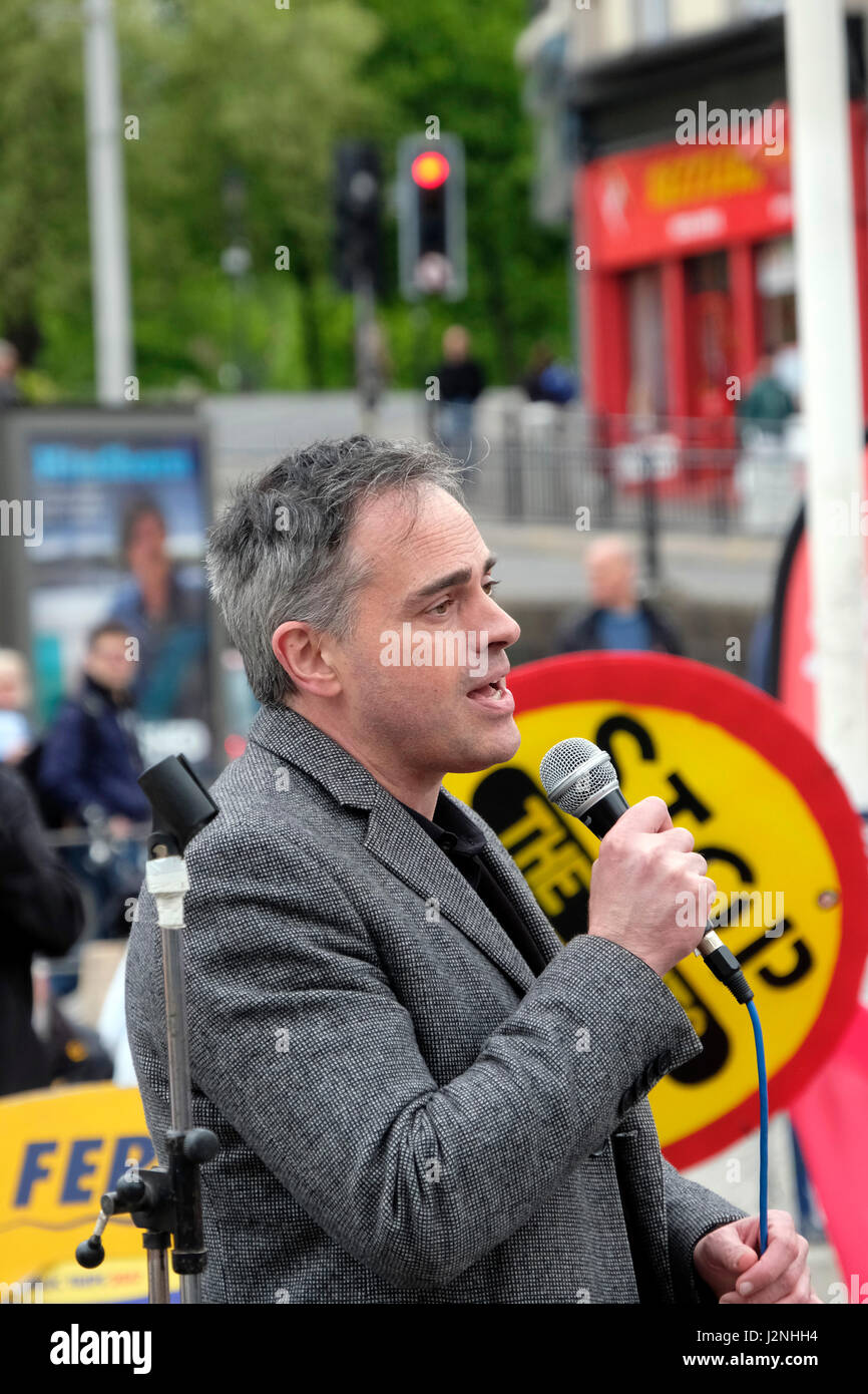 Bristol, UK. 29th April, 2017. Jonathan Bartley, co-leader of the Green Party of England and Wales, speaks at a demonstration against the present Conservative government. The demonstration was organised by Bristol People’s Assembly under the slogan “Tories Out” to call for a number of reforms including an end to austerity, the construction of council houses, increased spending on the National Health Service, and the creation of jobs. Keith Ramsey/Alamy Live News Stock Photo