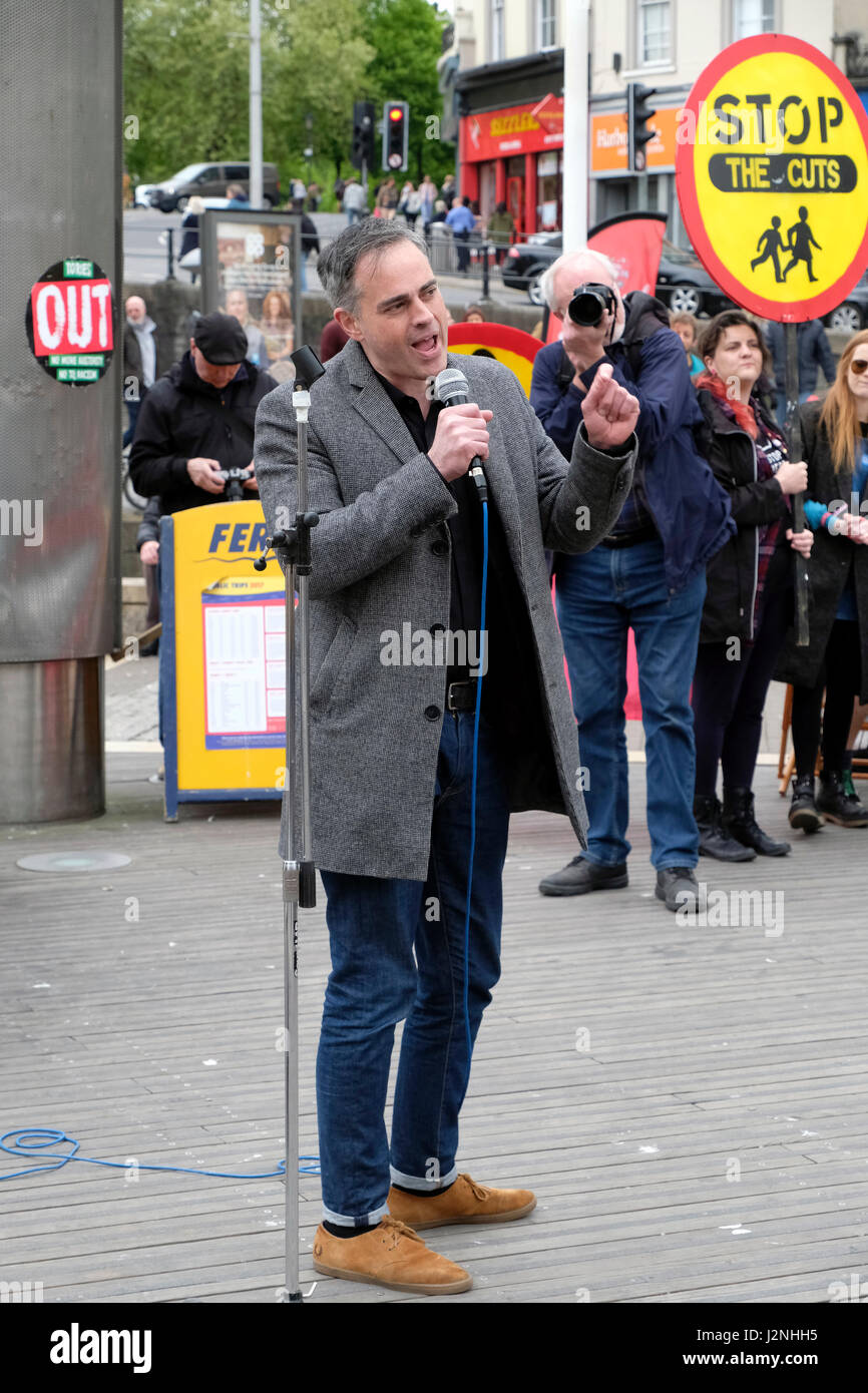 Bristol, UK. 29th April, 2017. Jonathan Bartley, co-leader of the Green Party of England and Wales, speaks at a demonstration against the present Conservative government. The demonstration was organised by Bristol People’s Assembly under the slogan “Tories Out” to call for a number of reforms including an end to austerity, the construction of council houses, increased spending on the National Health Service, and the creation of jobs. Keith Ramsey/Alamy Live News Stock Photo