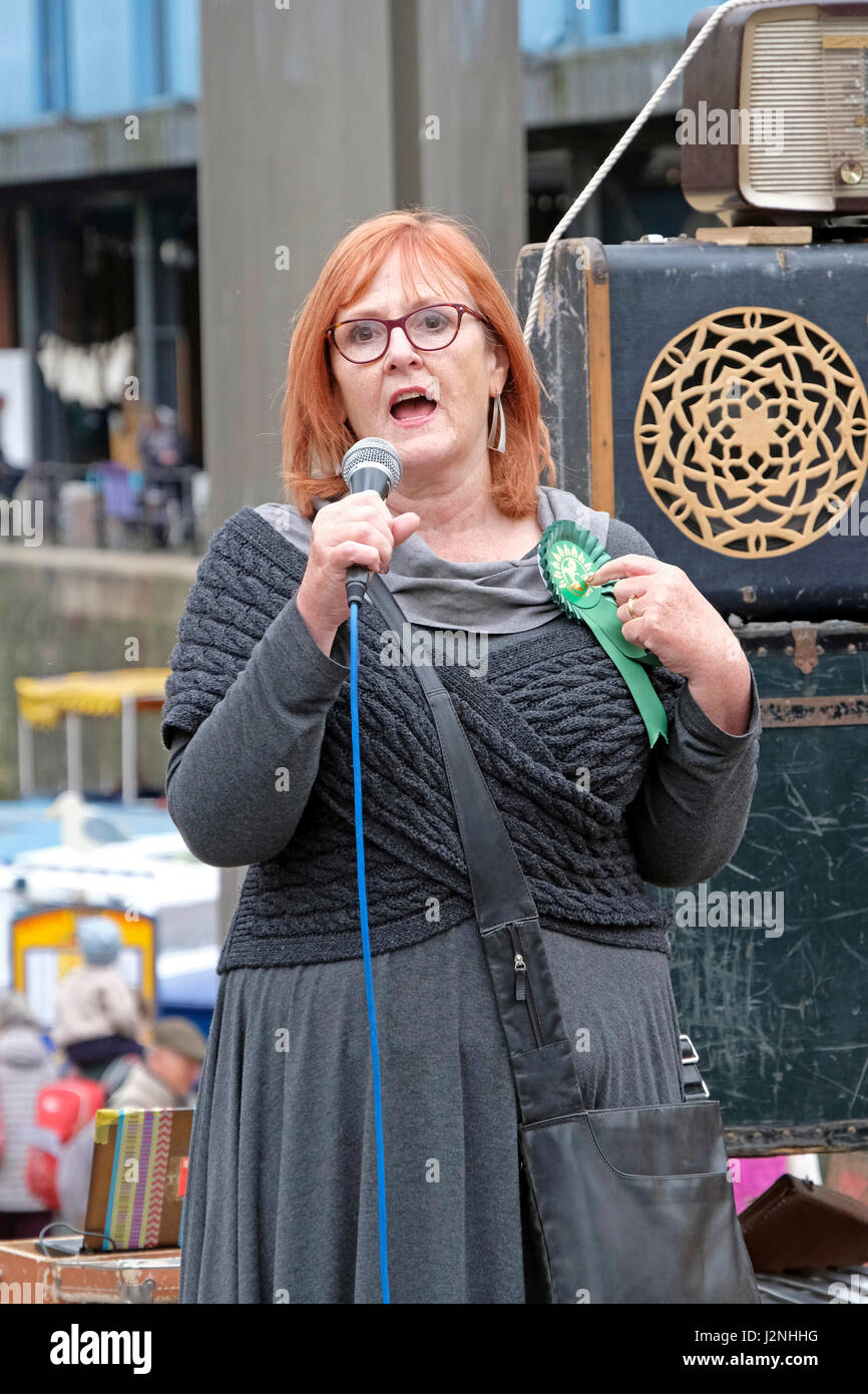 Bristol, UK. 29th April, 2017. Councillor Paula O’Rourke of the Green Party speaks at a demonstration against the present Conservative government. The demonstration was organised by Bristol People’s Assembly under the slogan “Tories Out” to call for a number of reforms including an end to austerity, the construction of council houses, increased spending on the National Health Service, and the creation of jobs. Keith Ramsey/Alamy Live News Stock Photo