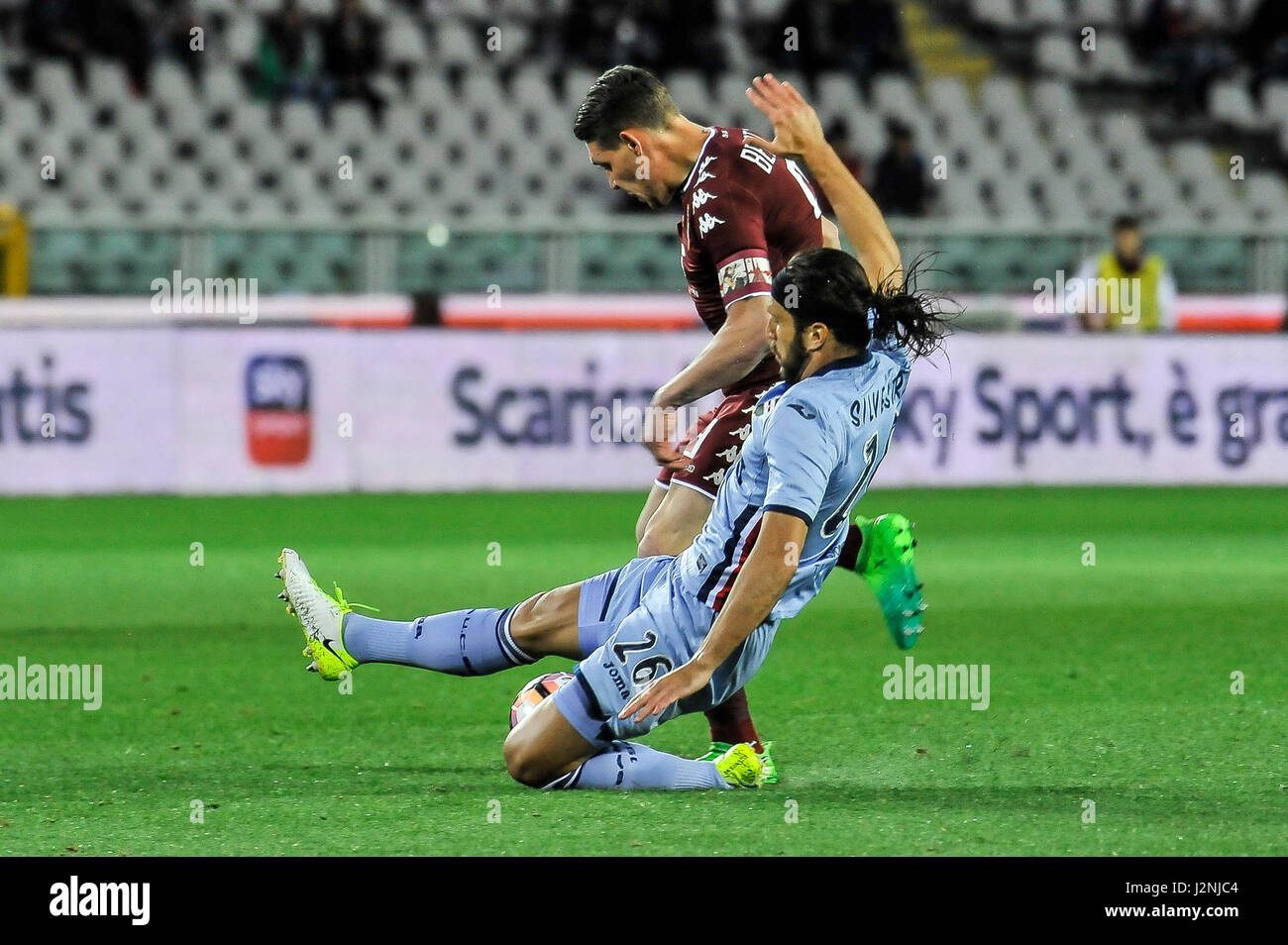 Turin, Italy. 29th April, 2017. Andrea Belotti (T) and Matias Silvestre (S) during the match Serie A TIM between Torino FC and Sampdoria. Stadio Olimpico Grande Torino on April 29, 2017 in Turin, Italy - Credit: FABIO PETROSINO/Alamy Live News Stock Photo