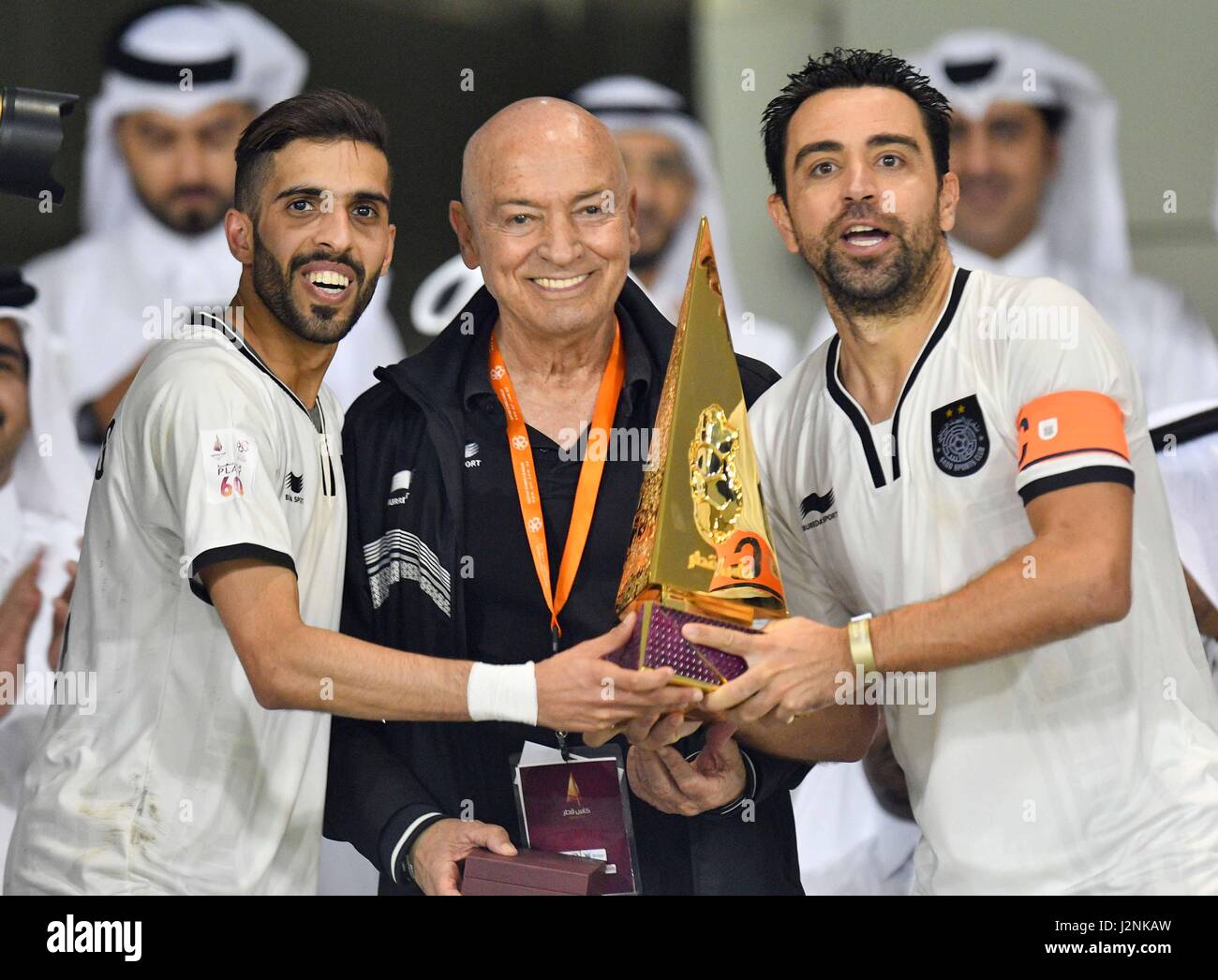 Doha. 29th Apr, 2017. Xavi Hernandez(R) and Hassan Al Haydos(L) of Al