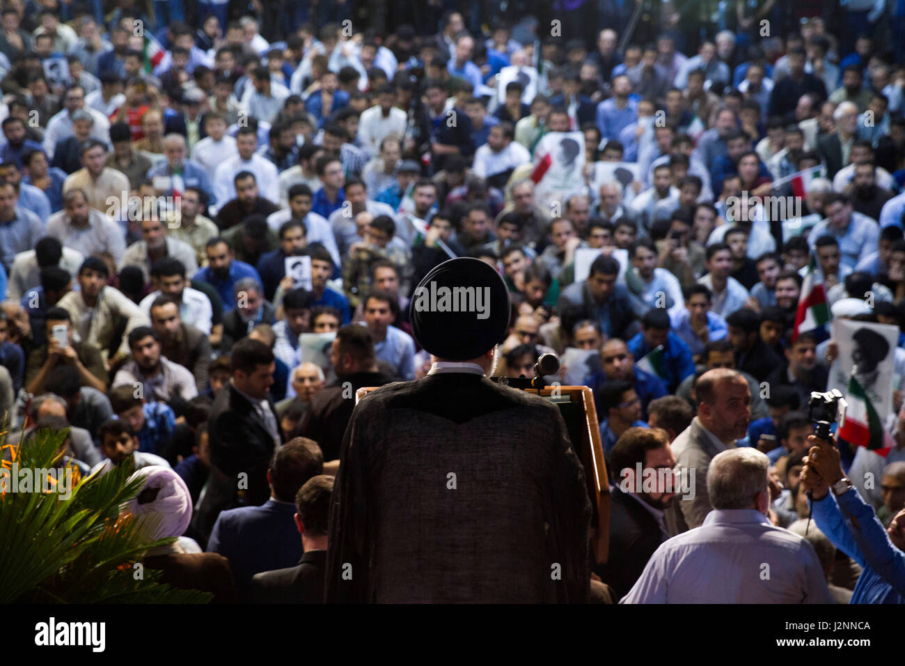 Tehran. 30th Apr, 2017. Supporters listen to the speech of presidential candidate Ebrahim Raisi during a campaign rally in Tehran, Iran, April 29, 2017. Iran's 12th presidential election is slated for May 19. Credit: Xinhua/Alamy Live News Stock Photo