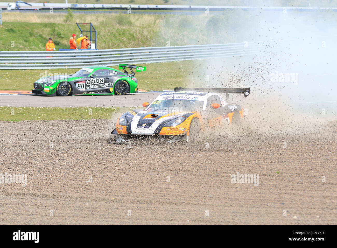 Rockingham, United Kingdom. 30th Apr, 2017. Century Motorsport Car 69 (Harry Gottsacker and Nathan Freke) loses control and goes into the gravel before being recovered to rejoin the British GT race at Rockingham Motor Speedway Credit: Paren Raval/Alamy Live News Stock Photo
