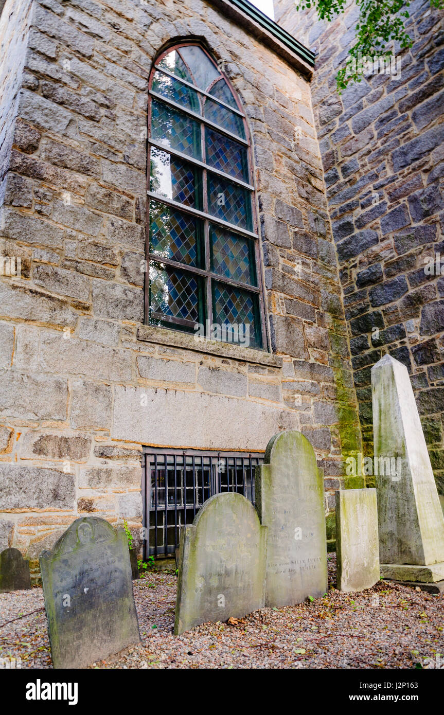 Upright tombstones at St.Peter's Episcopal Church in Salem, Massachusetts. Stock Photo