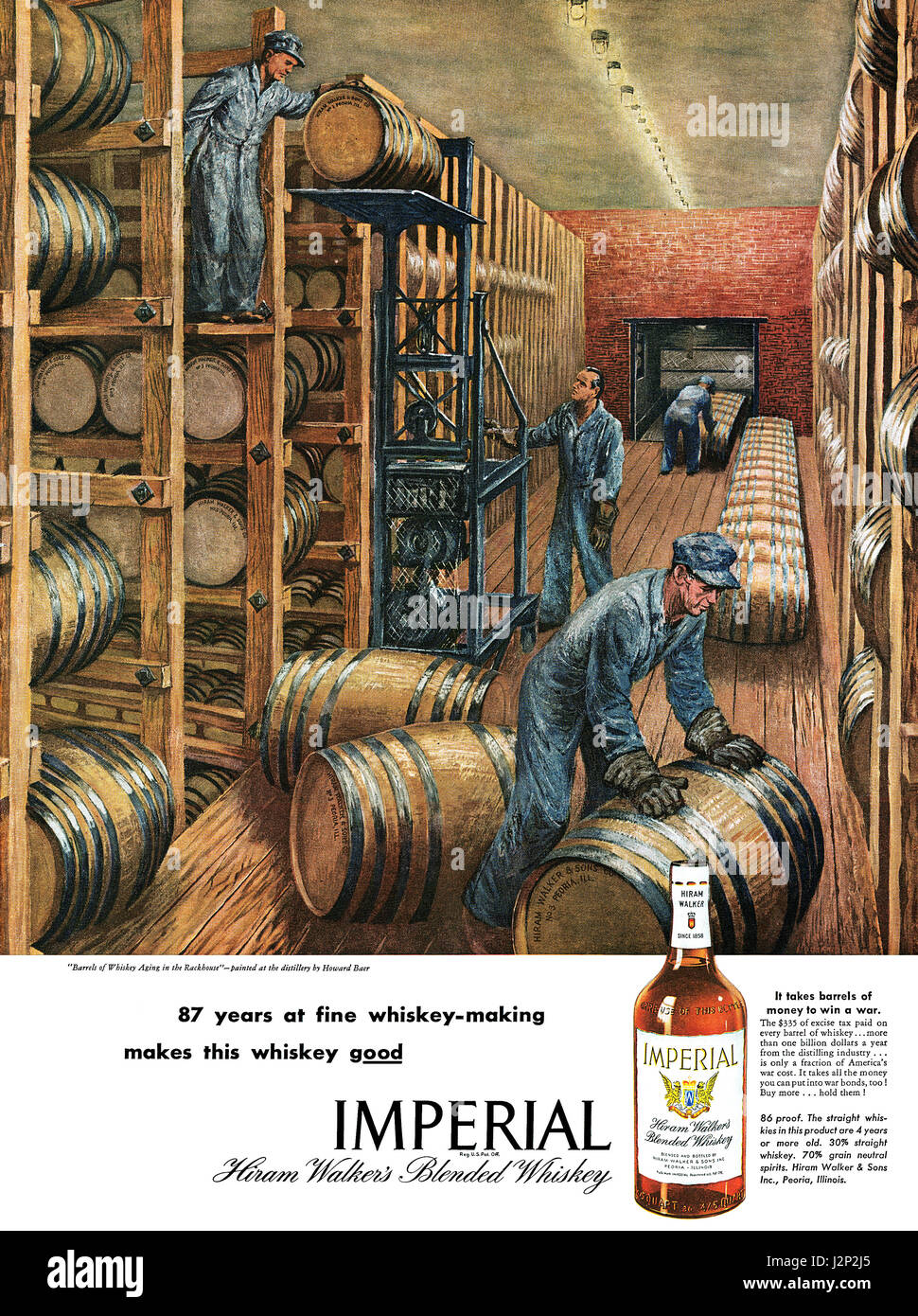 1945 U.S. wartime advertisement for Hiram Walker Imperial Blended Whiskey, illustrated by Howard Baer. Stock Photo