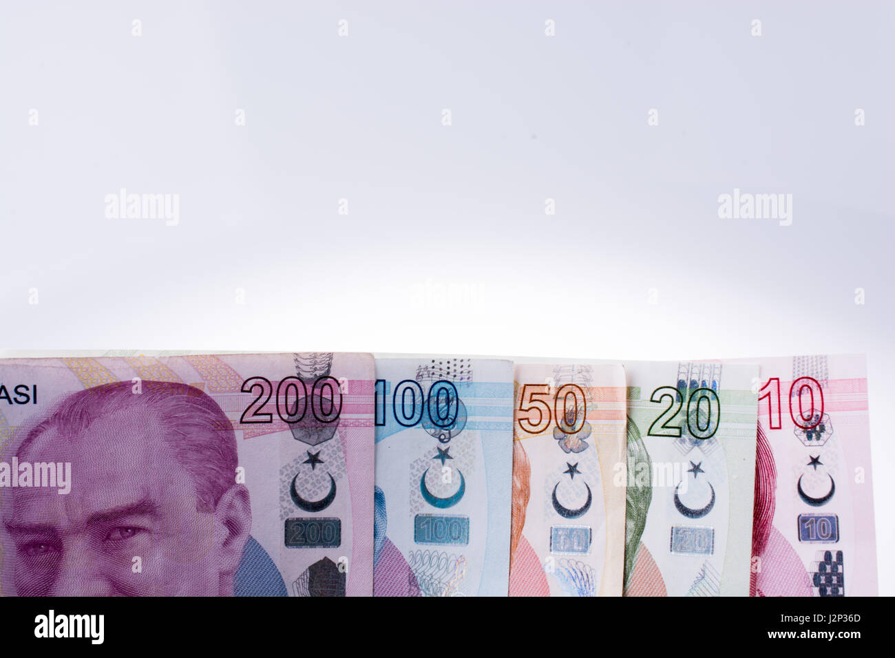 Turksh Lira banknotes of various color, pattern and value on white ...