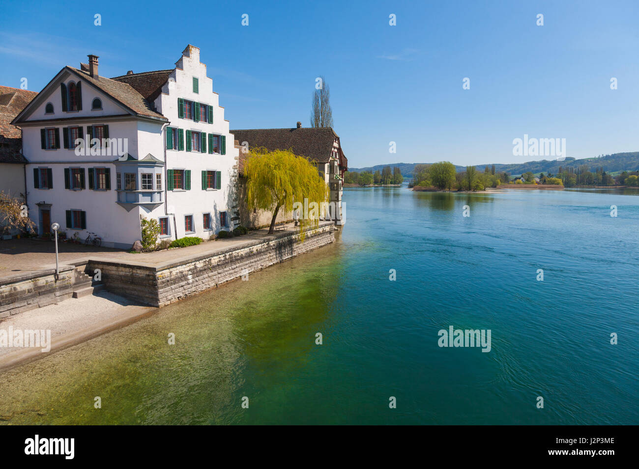 Lake view of Stein am Rhein, Switzerland, on a bright sunny day with crystal  clear water and deep blue sky Stock Photo - Alamy
