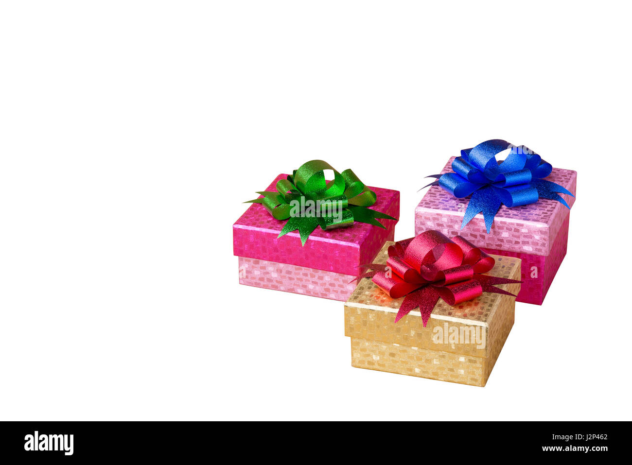 colored gift boxes with colored bows on isolated white background, copy ...