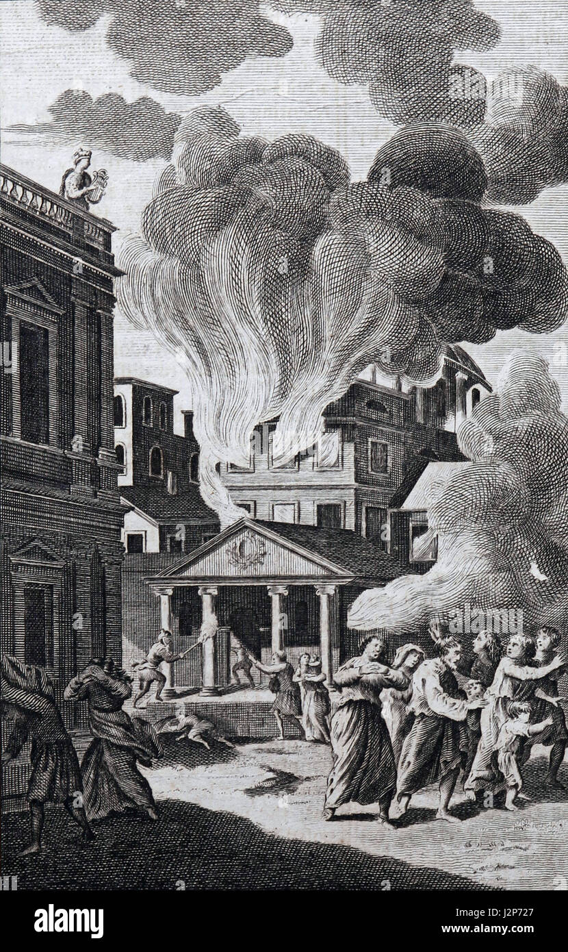 The Burning of the City of Rome, While Emperor Nero Plays his Harp on the Tower of Maecenas. Engraving from 1780 Edition of the New Book of Martyrs Stock Photo