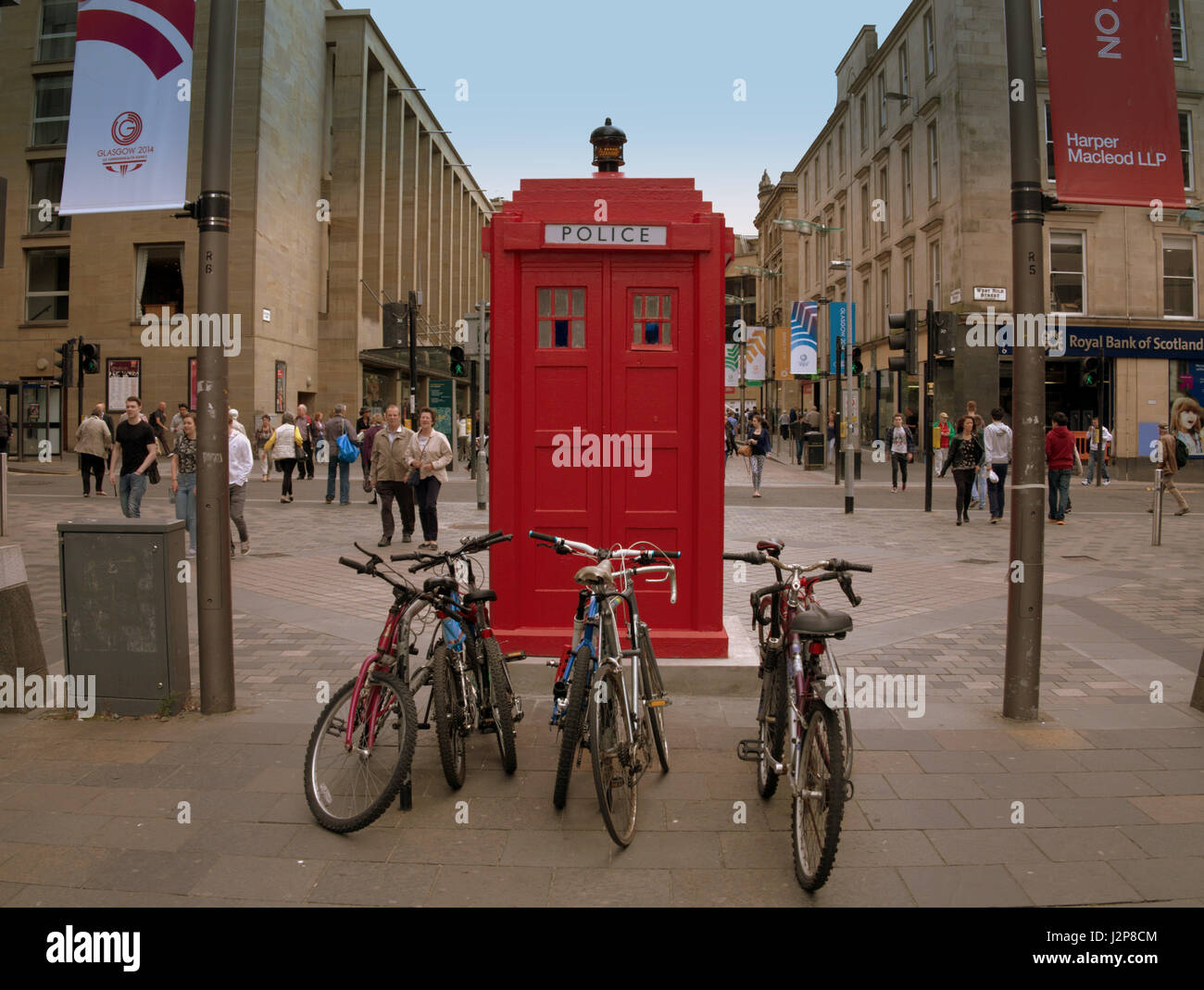 Red police telephone box Tardis style Sauchihall street Glasgow Stock Photo