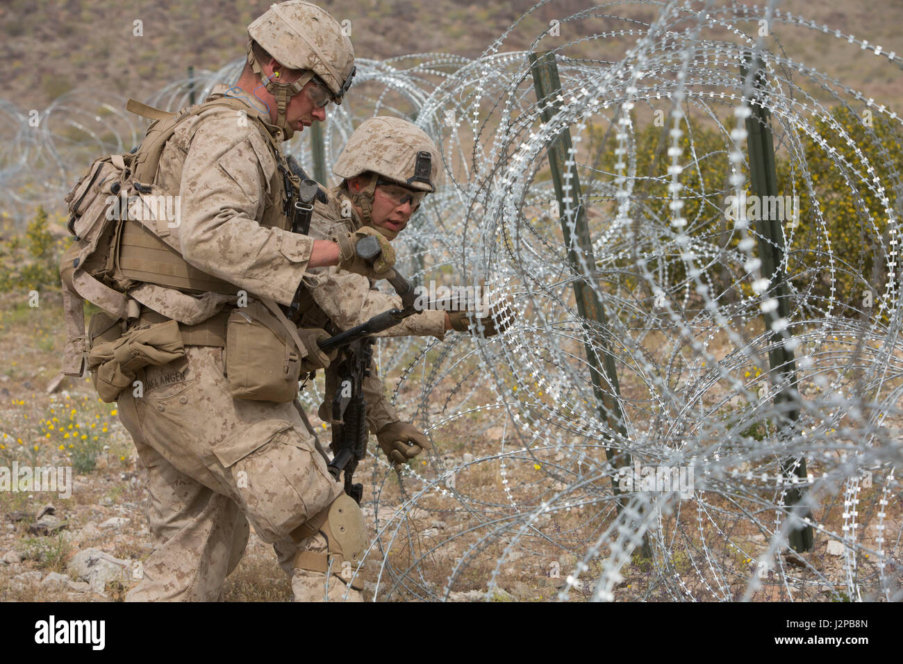 U.S. Marine Corps Lance Cpl. Robert T. Belanger, left, a combat engineer with Golf Company, 2nd Battalion, 6th Marine Regiment, 2nd Marine Division (2d MARDIV), and Lance Cpl. Tyler D. Knudtson, use bolt cutters to breach simulated enemy concertina wire during company-level attack live fire training at Range 400 for Talon Exercise (TalonEx) 2-17, Marine Corps Air Ground Combat Center, Twentynine Palms, C.A., April 9, 2017. The purpose of TalonEx was for ground combat units to conduct integrated training in support of the Weapons and Tactics Instructor Course (WTI) 2-17 hosted by Marine Aviatio Stock Photo