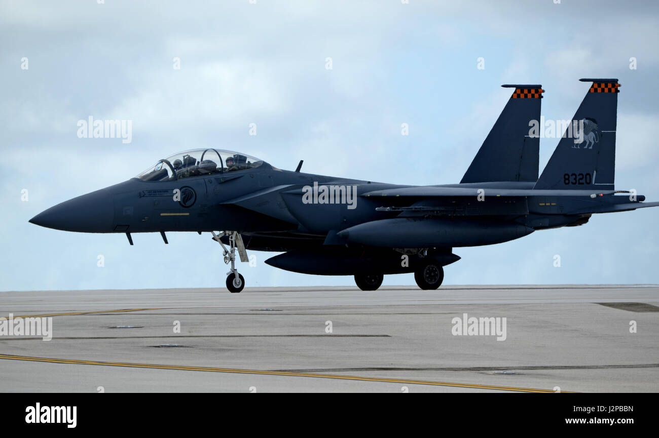 A Republic of Singapore Air Force F-15SG aircraft taxis after flight April 10, 2017, at Andersen Air Force Base, Guam. The RSAF deployed to Andersen to conduct bilateral training with the United States, enhancing interoperability to ensure regional security and stability. (U.S. Air Force Airman 1st Class Gerald R. Willis/Released) Stock Photo