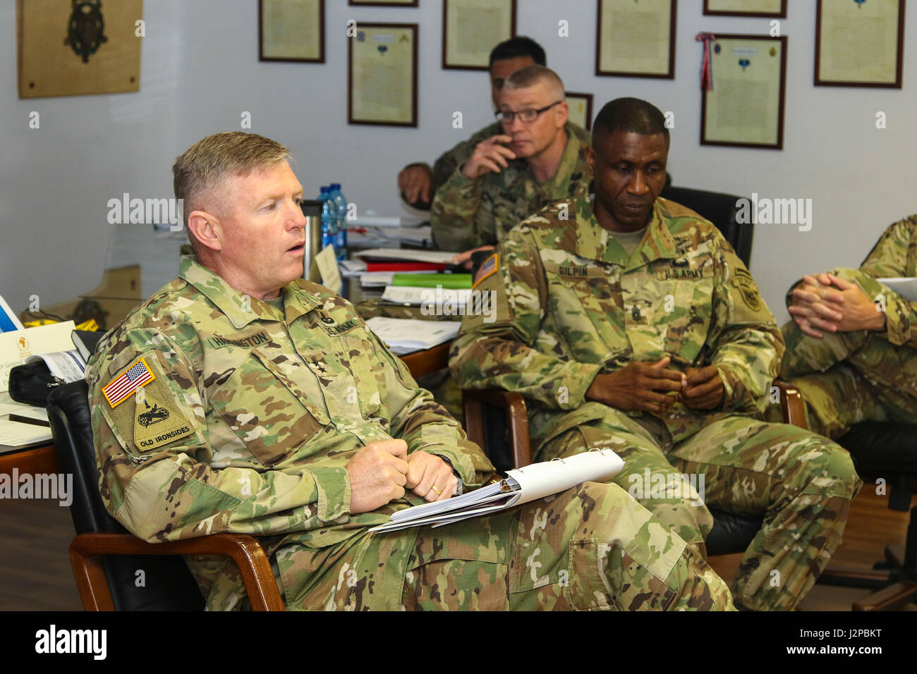 Maj. Gen. Joseph P. Harrington, Commanding General of U.S. Army Africa , gives remarks at the rehearsal of concept for African Land Forces Summit at the Hall of Heroes on Caserma Ederle, Vicenza, Italy, April 12, 2017. ALFS is an annual, weeklong seminar bringing together land force chiefs from across Africa for candid dialog to discuss and develop cooperative solutions to regional and trans-regional challenges and threats.(Photo by U.S. Army Spc. Tadow McDonald/USARAF PAO) Stock Photo