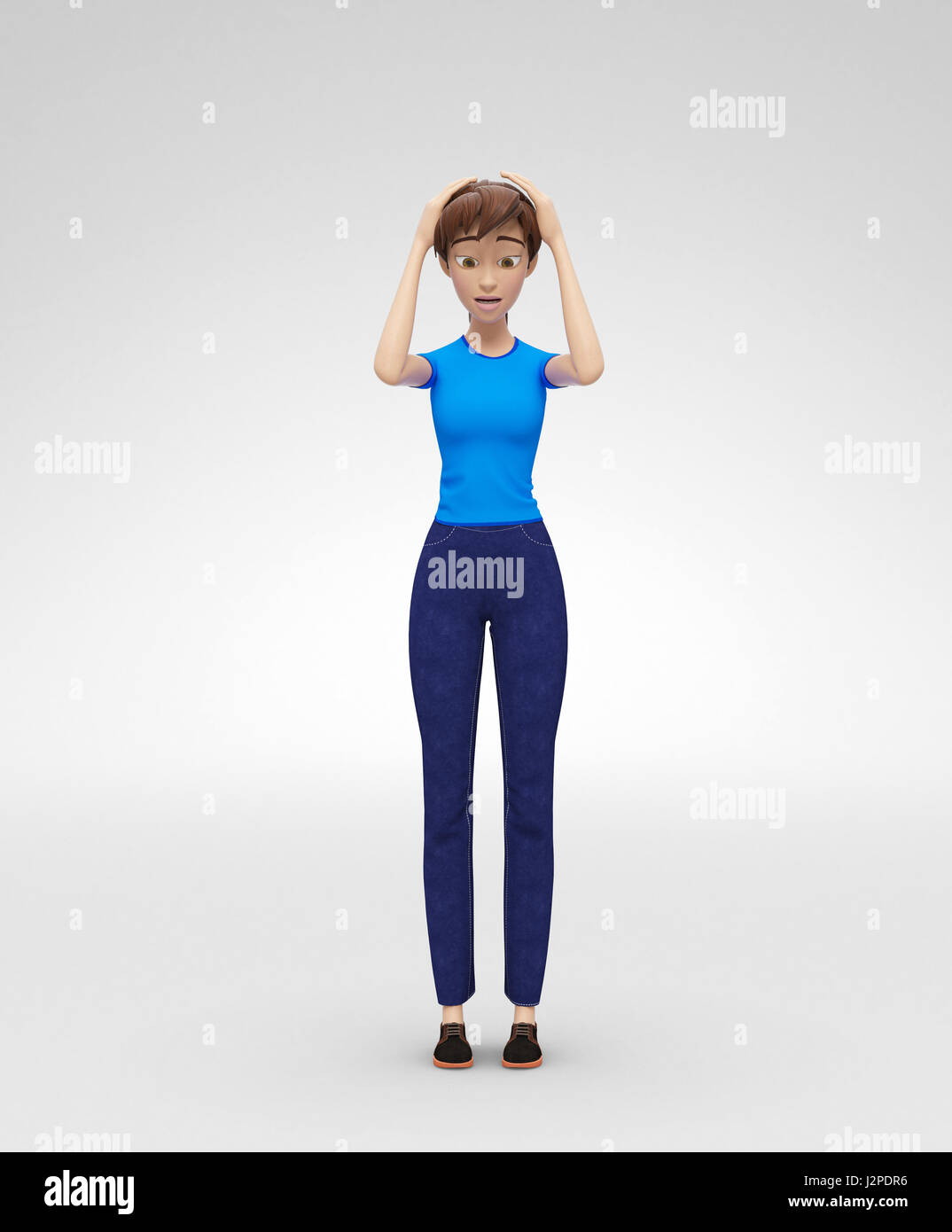 Panicky, Restless and Discouraged Jenny - 3D Cartoon Female Character Model - Scared, Puzzled by Problem, Lost with No Way Out Stock Photo