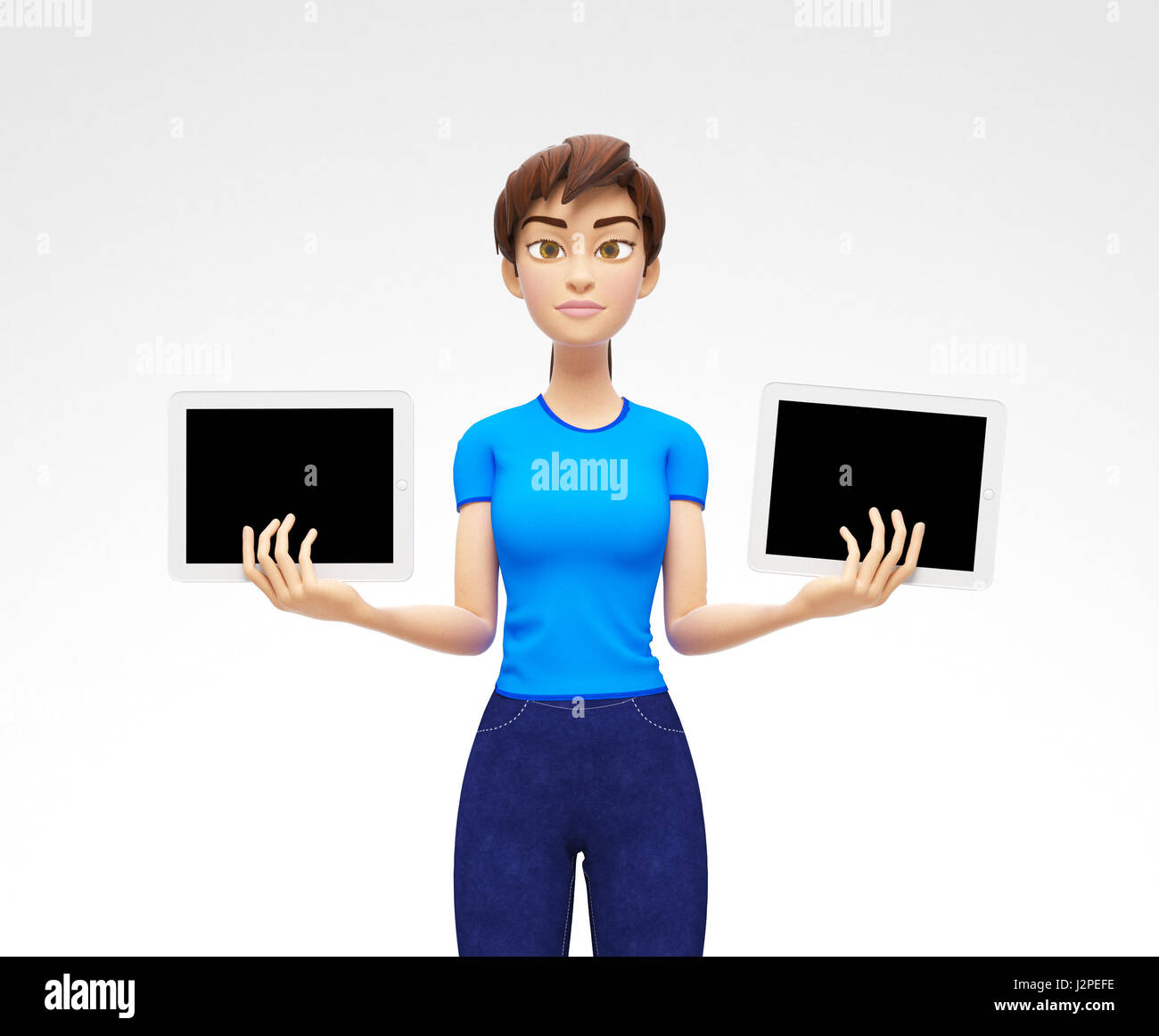 Two Tablet Device Mockups With Blank Screens Held by Serious Jenny - 3D Cartoon Female Character in Casual Clothes Background Stock Photo
