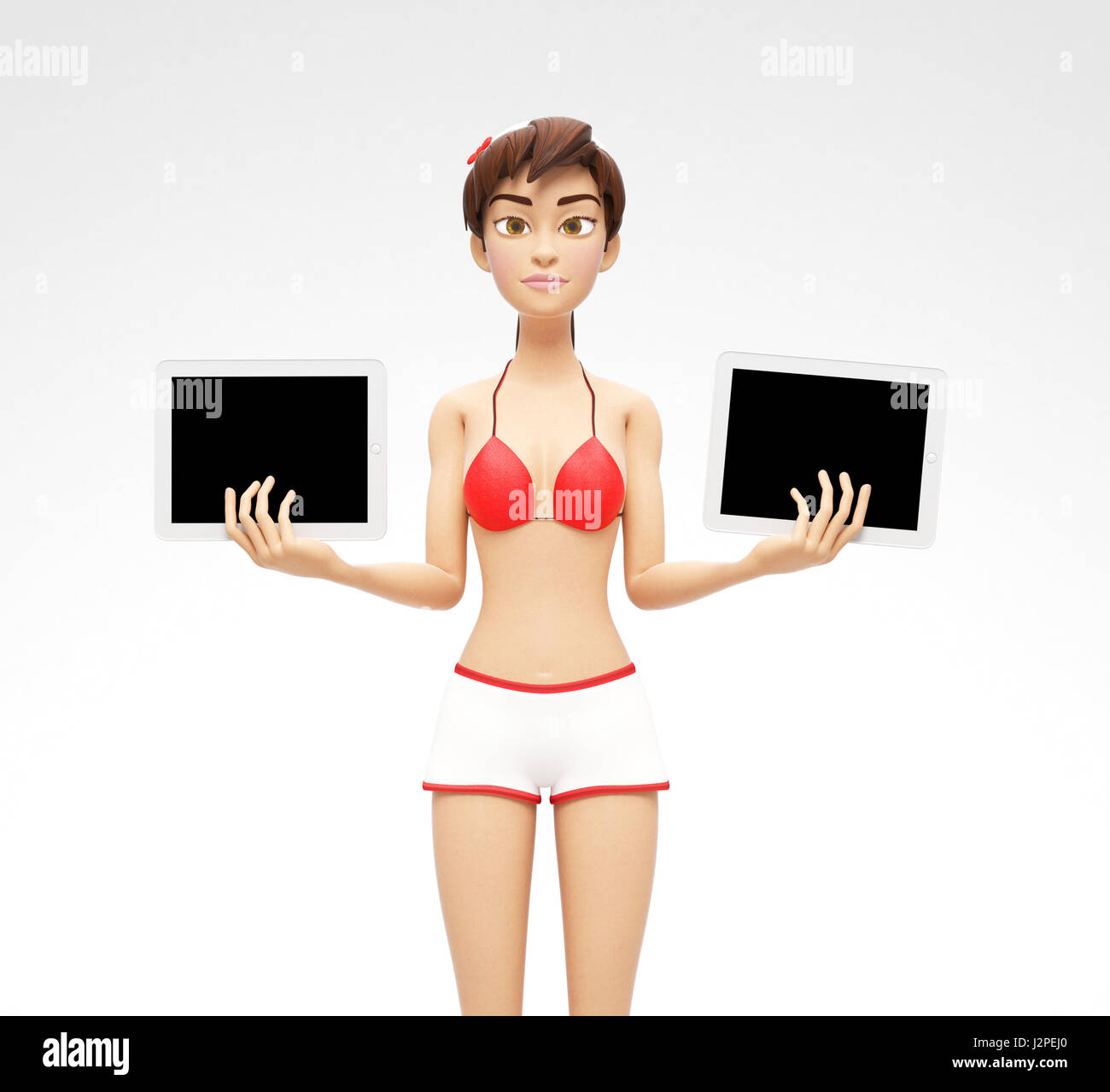 Two Tablet Device Mockups With Blank Screens Held by Serious Jenny - 3D Cartoon Female Character in Swimsuit Bikini Stock Photo