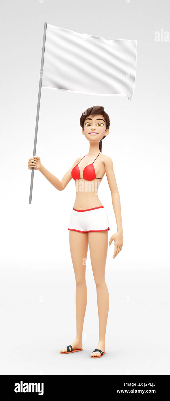 Blank Flag or Banner Mockup Held by Smiling, Happy and Proud Jenny - 3D Cartoon Female Character in Swimsuit Bikini Stock Photo