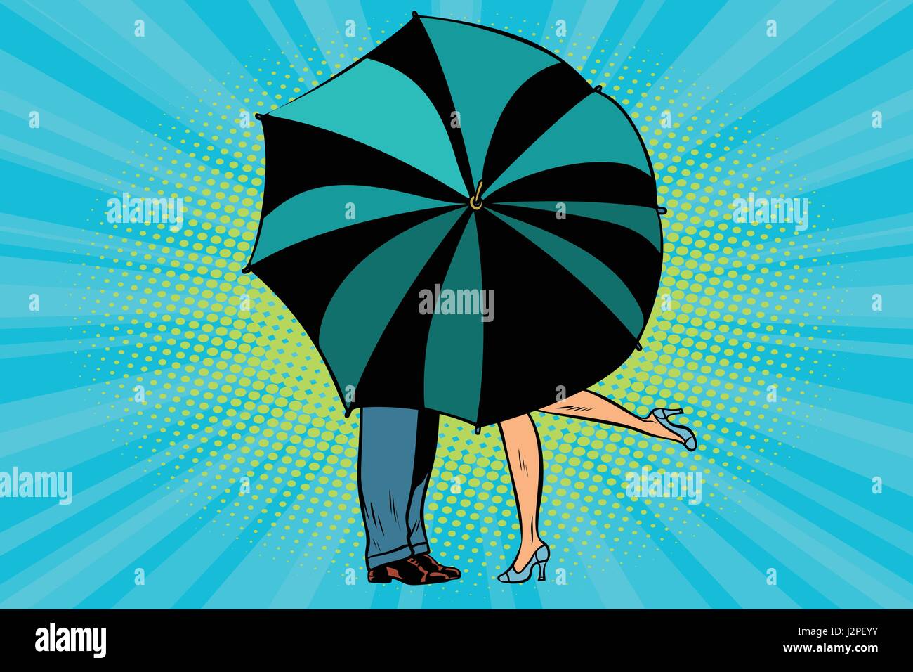 Man and woman kissing behind umbrella Stock Vector