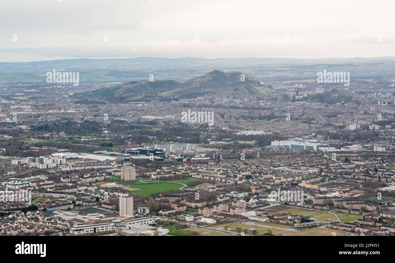 Aerial view, GV,  Arthur Seat, North Edinburgh, Pentland Hills, Marine Drive, Gas works, Muirhouse, pilton, Stock Photo