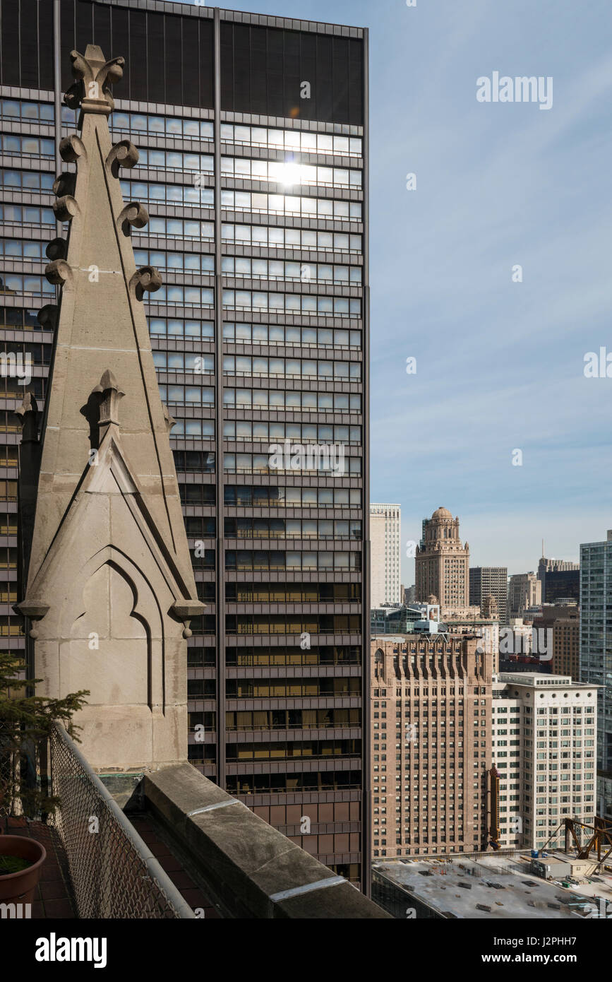 Chicago's Downtown Architecture Seen From The Balcony At The First United Methodist Church. Stock Photo
