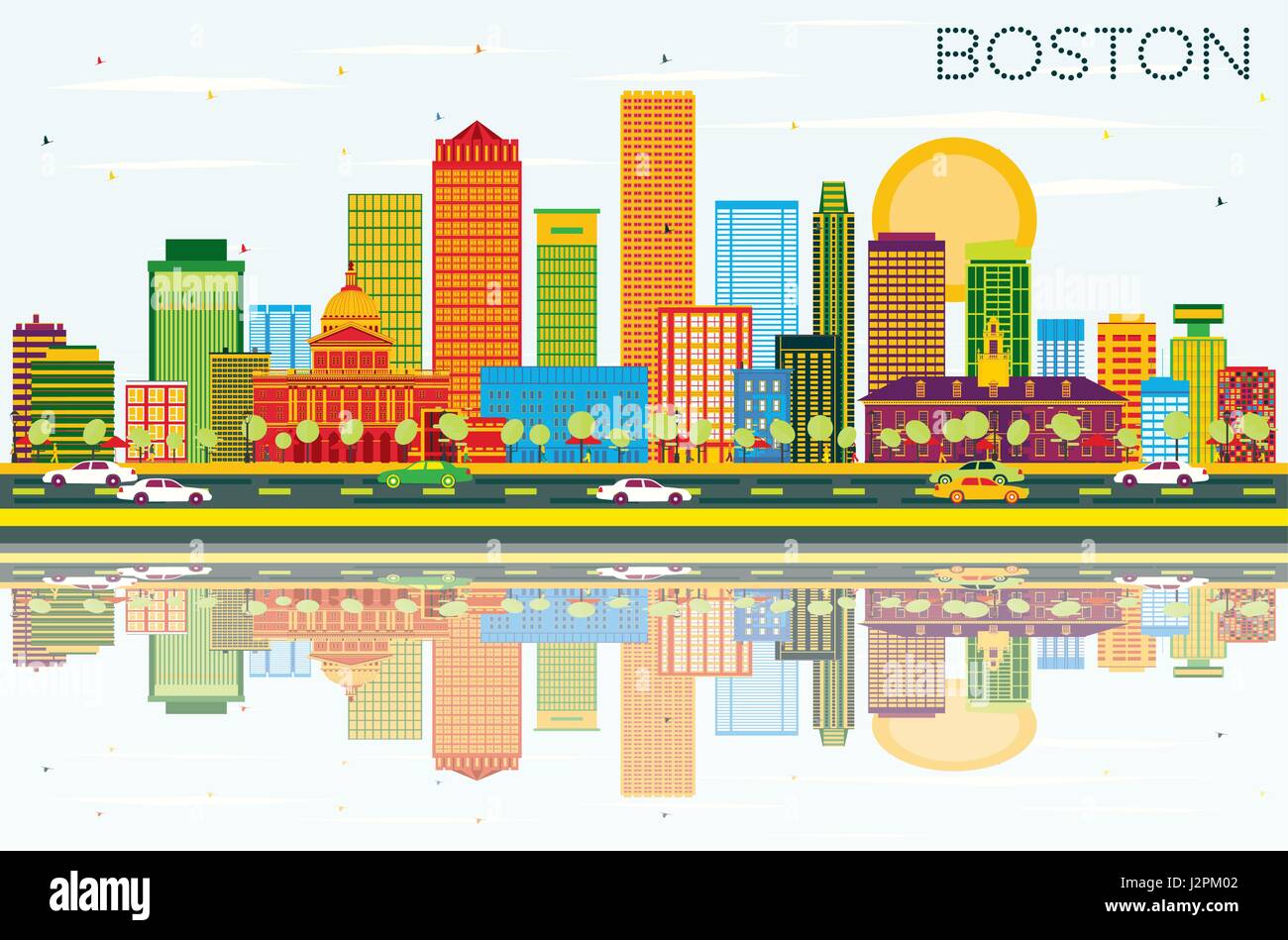 Boston Skyline with Color Buildings, Blue Sky and Reflections. Vector ...