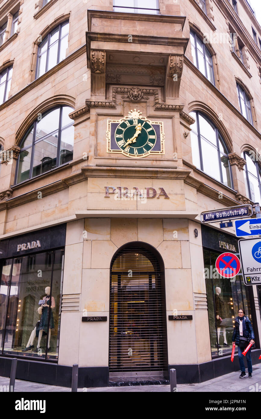 FRANKFURT, GERMANY - Oktober 24, 2015: Prada Logo. Prada is an Italian  fashion label specializing in luxury goods for men and women, Stock image