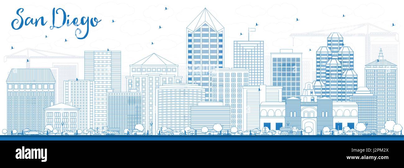Outline San Diego Skyline with Blue Buildings. Vector Illustration. Business Travel and Tourism Concept with Modern Architecture. Stock Vector