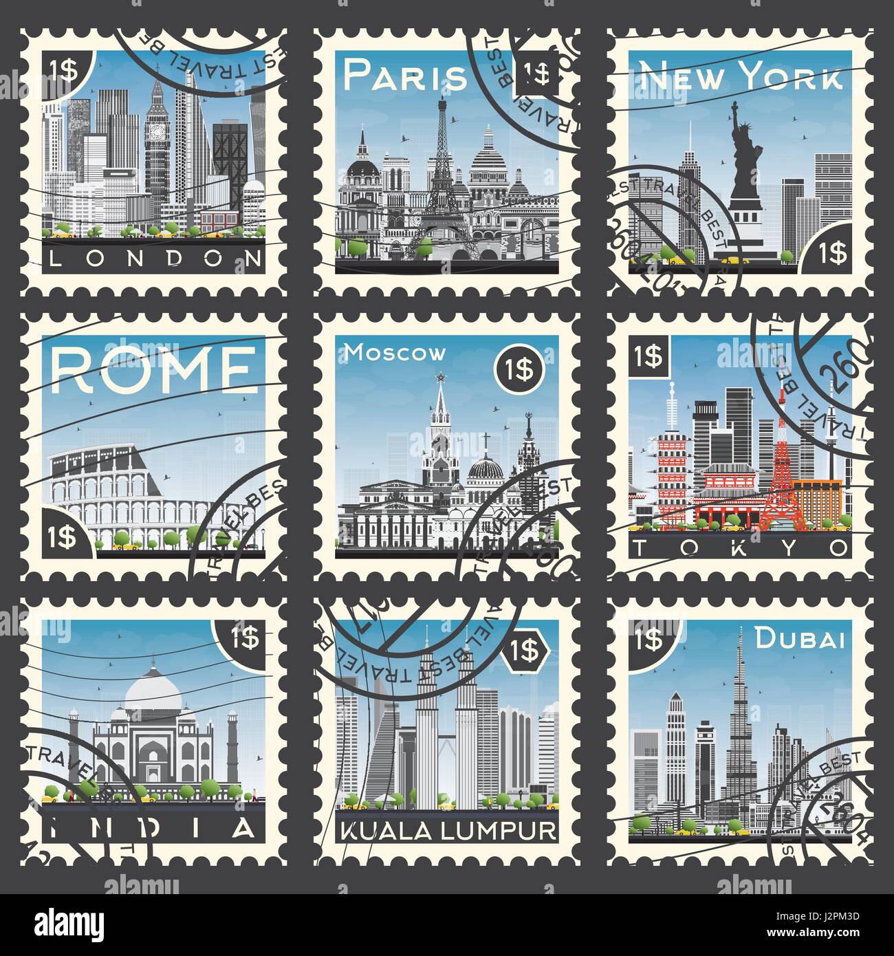 Set of Stamps with Different City and Landmarks. Vector Illustration Stock Vector Image &amp; Art ...