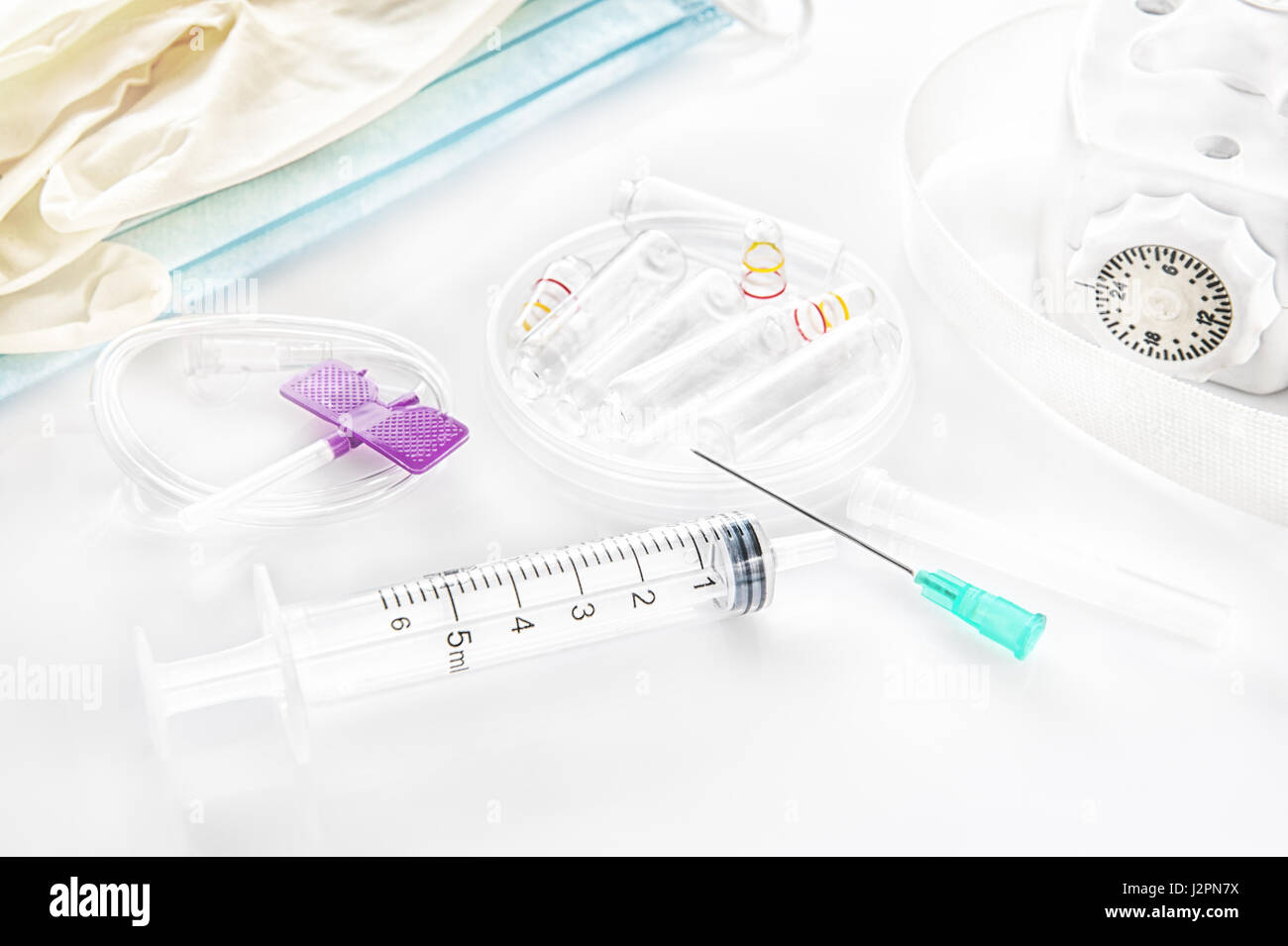 Syringe with needle drip and catheter for intravenous injection gloves