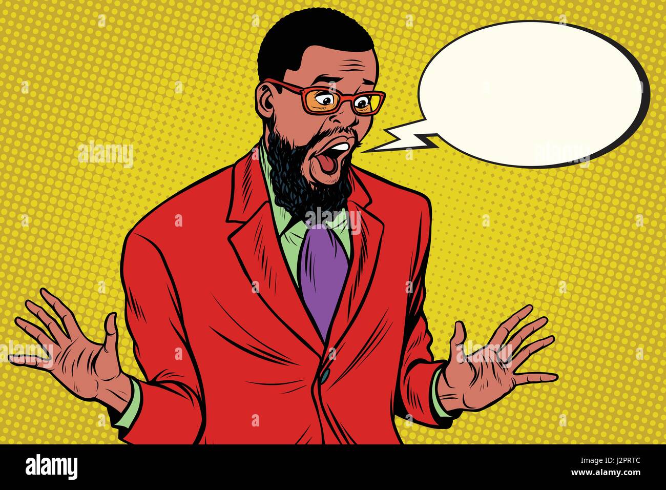 Shocked hipster bearded African American businessman says comic  Stock Vector