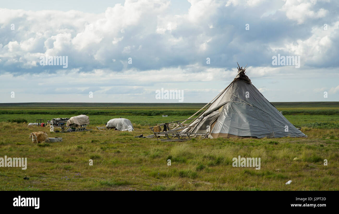 Dwelling of the Nenets - the people of the far North, called chum. The Yamal Peninsula. Summer time. Stock Photo