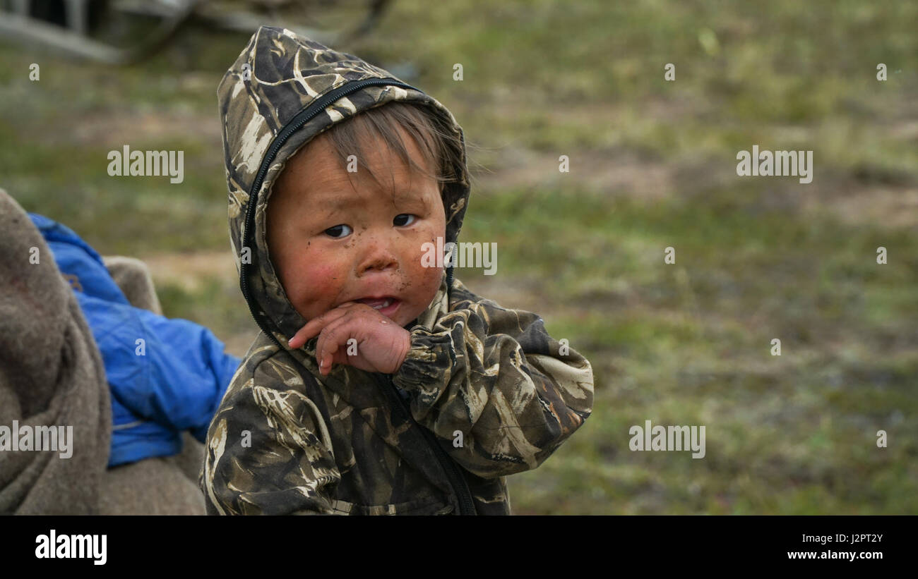 Nenets child in a nomadic camp in the tundra on the Yamal Peninsula. Summer. Stock Photo