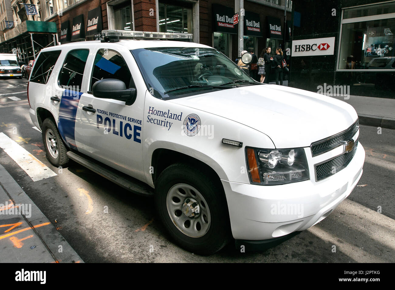 A Federal Protective Service vehicle is parked in the street in downtown Manhattan. Stock Photo