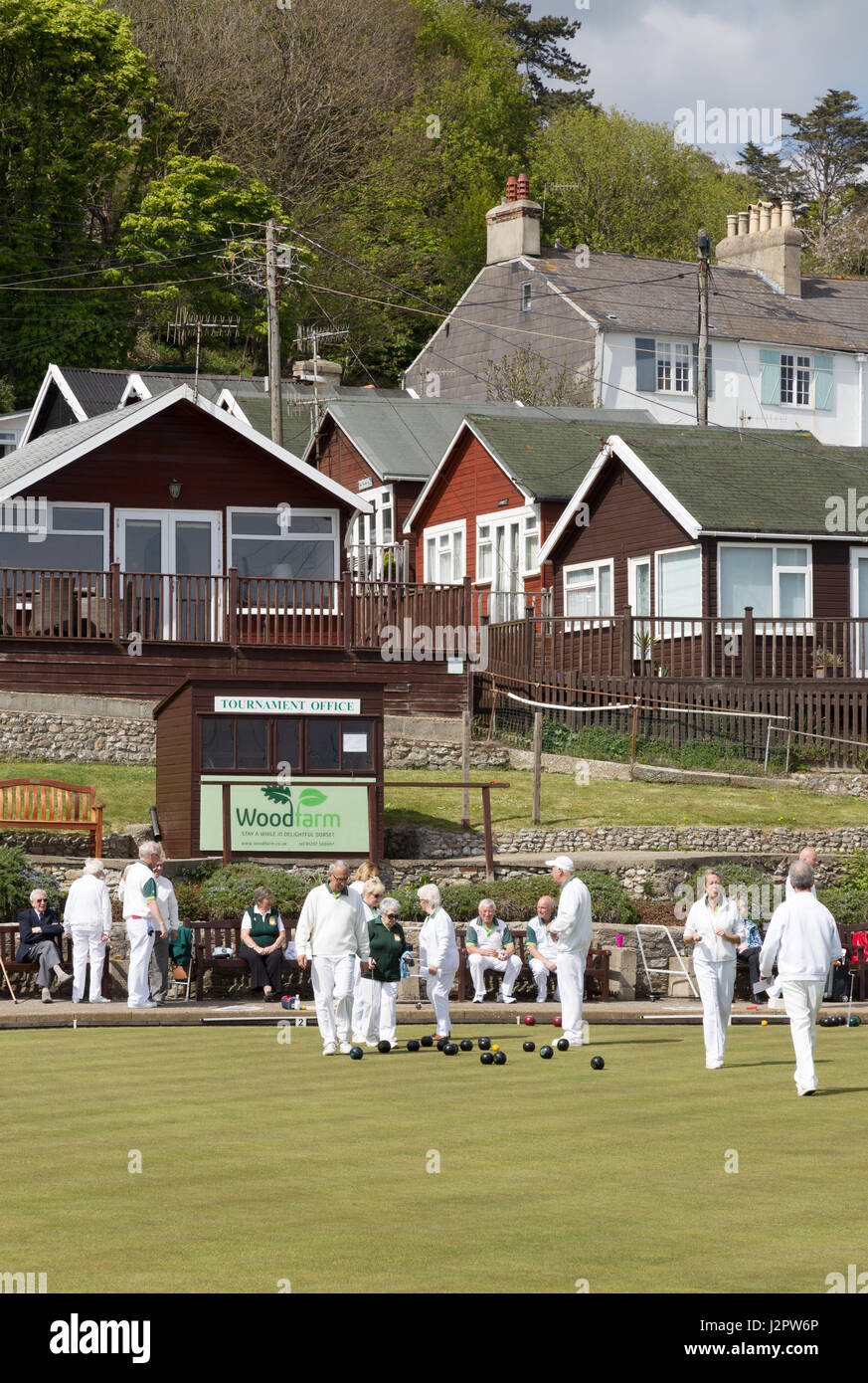 People playing lawn bowls at a lawn bowls club, Lyme Regis, Dorset