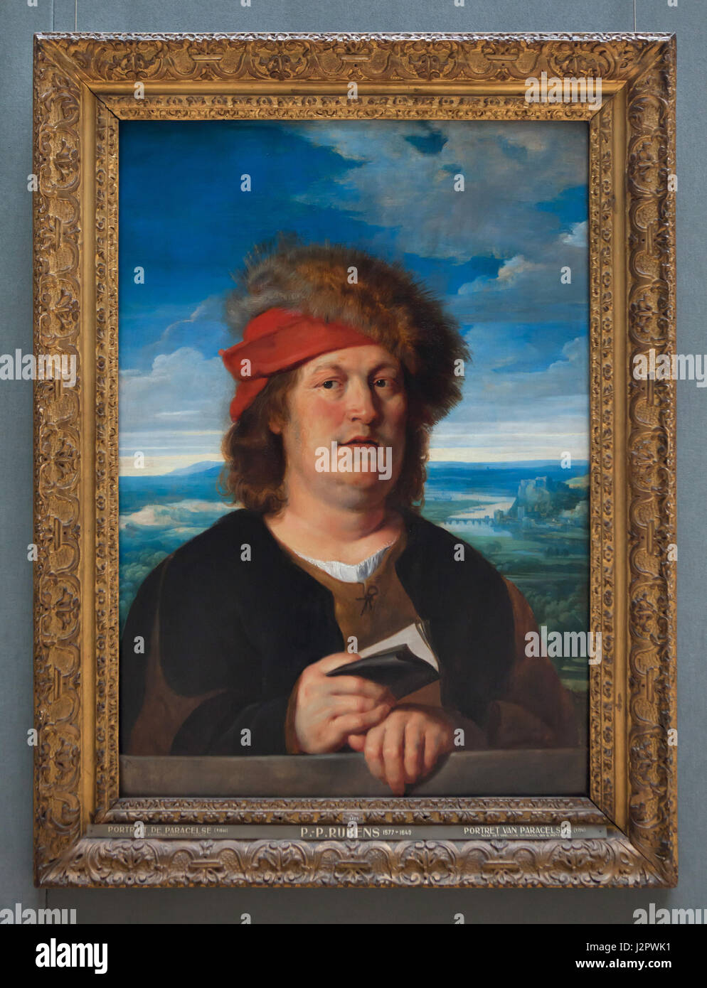 Portraits of Paracelsus (Theophrastus Bombastus von Hohenheim) by Flemish painter Peter Paul Rubens on display in the Royal Museums of Fine Arts in Brussels, Belgium. The portrait is a copy dated from 1617-1618 after a lost original by Flemish Renaissance artist Quentin Matsys. Stock Photo