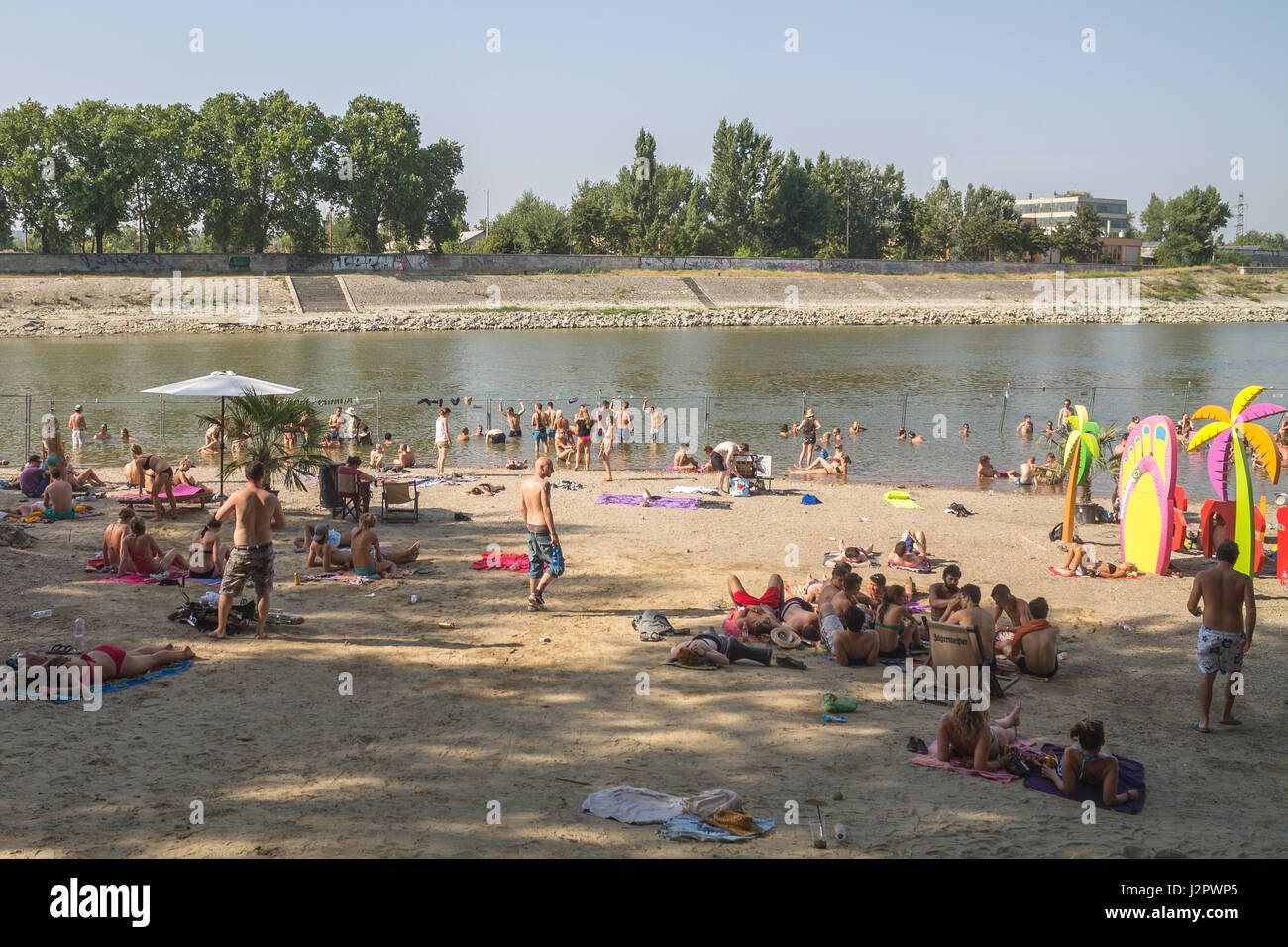 People at the beach of Sziget Festival in Budapest, Hungary Stock Photo
