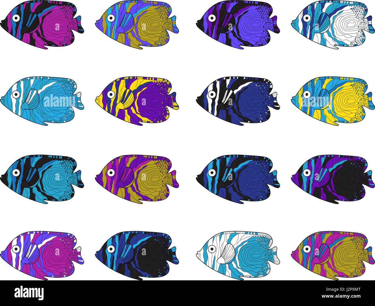 Fish colorful set. Hand drawing. Vector illustration. Stock Vector