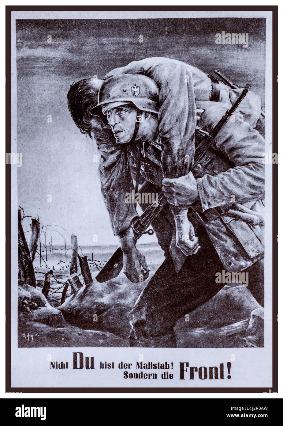 World War 2 German Propaganda recruitment poster showing a German soldier on the battlefield, carrying wounded comrade asking 'are YOU not the standard especially at The Front' ! Stock Photo